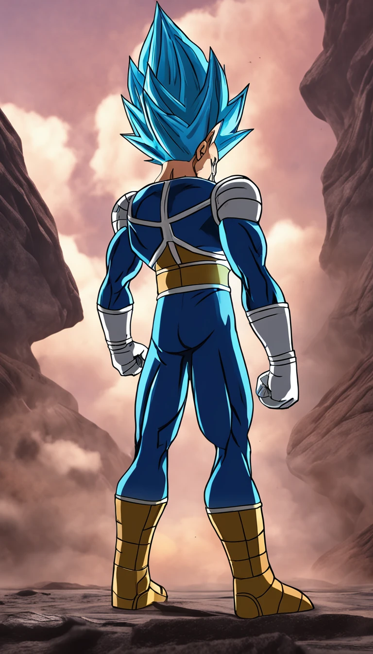 Child Vegeta as Super Sayajin , roupa azul do vegeta , estilo anime , Scenery with Nocturnal Destruction , (( imagem sem deformidades)) , best resolution , melhor qualidade , olhar fixo , obra prima