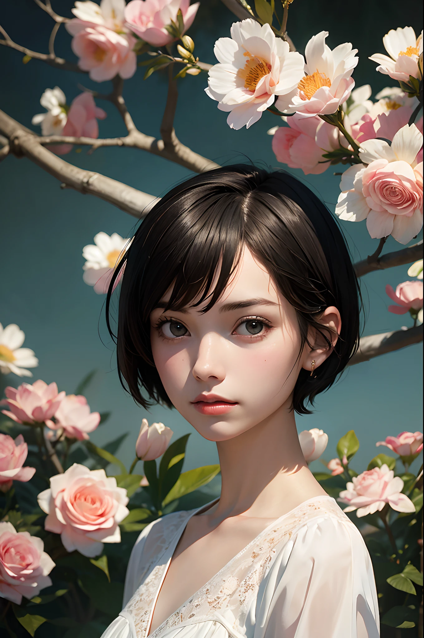 Masterpiece, top quality, 1 lady, 20-years-old, ((short-hair)), surrealism, florals