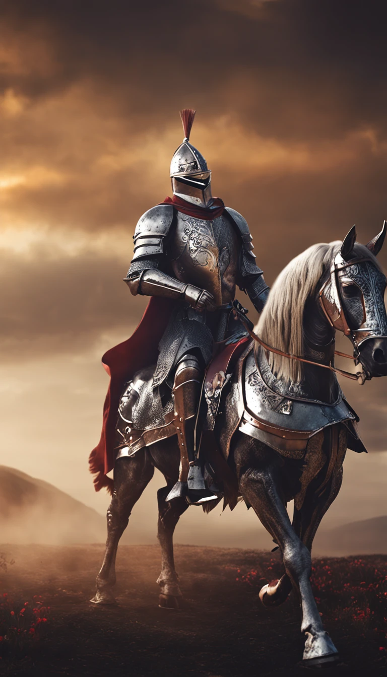 (Solemn royal knight),Armor,ride horse,The formation is neat,borgar,The foreground is a small flower,The front shadow is blurred,depth of fields,tmasterpiece,Light and shadow effects,Movie special effects