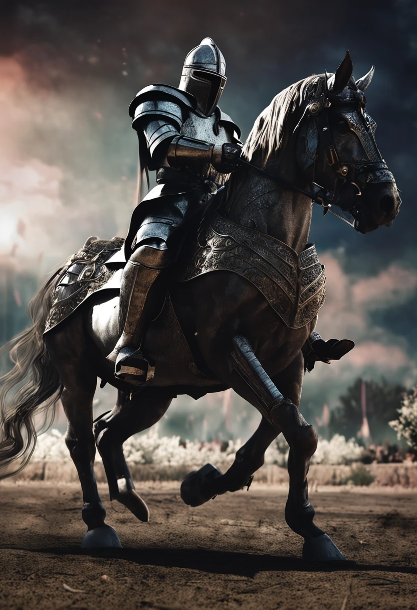 (Solemn royal knight),Armor，ride horse，The formation is neat,borgar，The foreground is a small flower，The front shadow is blurred，depth of fields，tmasterpiece，Light and shadow effects，Movie special effects