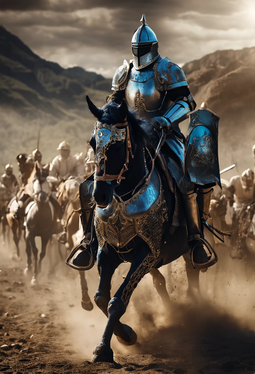 (Solemn royal knight),Armor,ride horse,The formation is neat,borgar,The foreground is a small flower,The front shadow is blurred,depth of fields,tmasterpiece,Light and shadow effects,Movie special effects