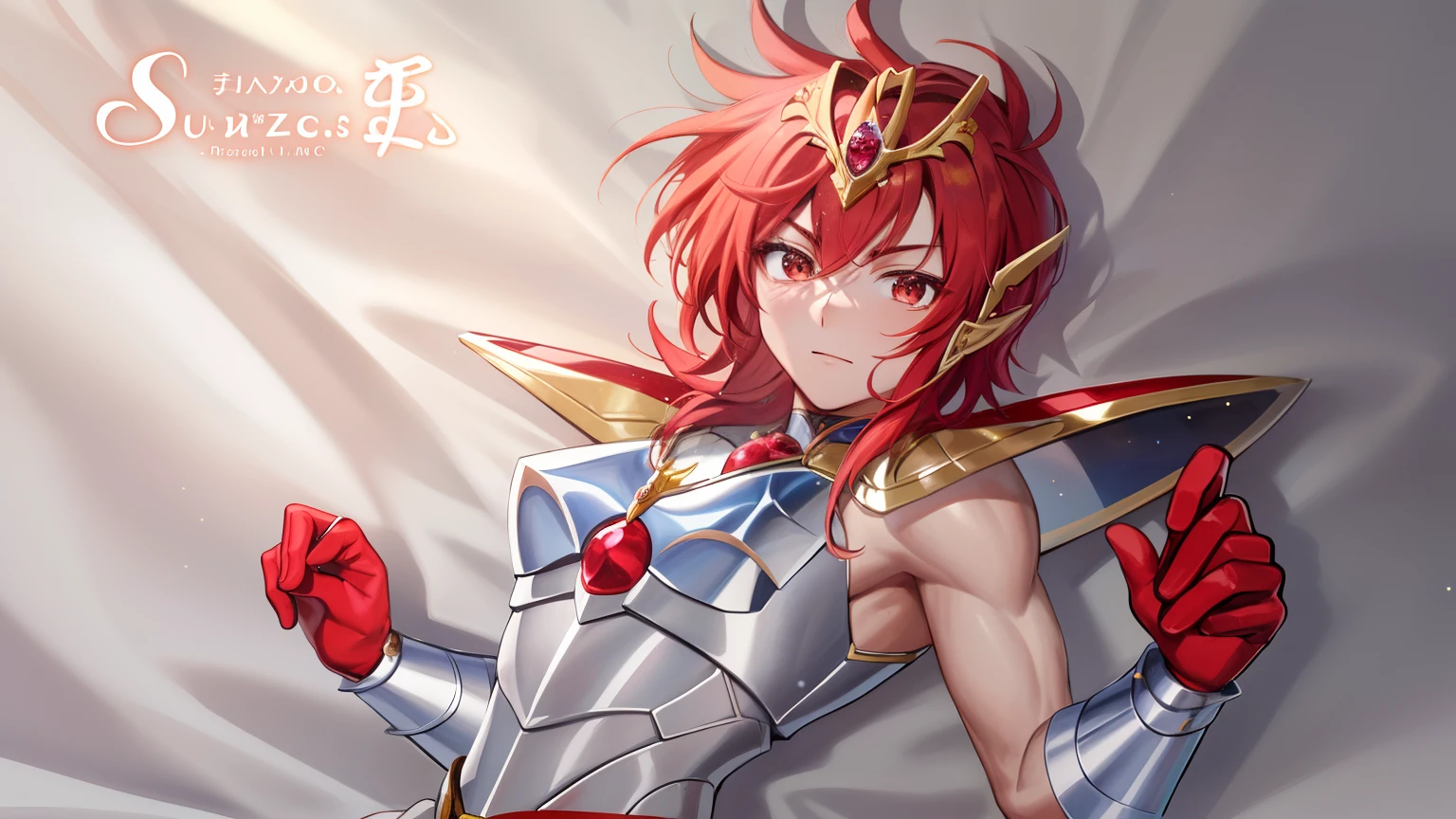 Close-up of a costumed man holding a sword, Knight of Zodiac Boy, Portrait Knight of Zodiac Boy, Boy with short red hair, Boy with brown eyes, Muscular men, Shining ruby armor, Dress Armor Boy, Galactic Prince, Hymns to the King as a Prince, Anime style, Magical Boy Anime Mahou Shōnen, Prince of Ruby