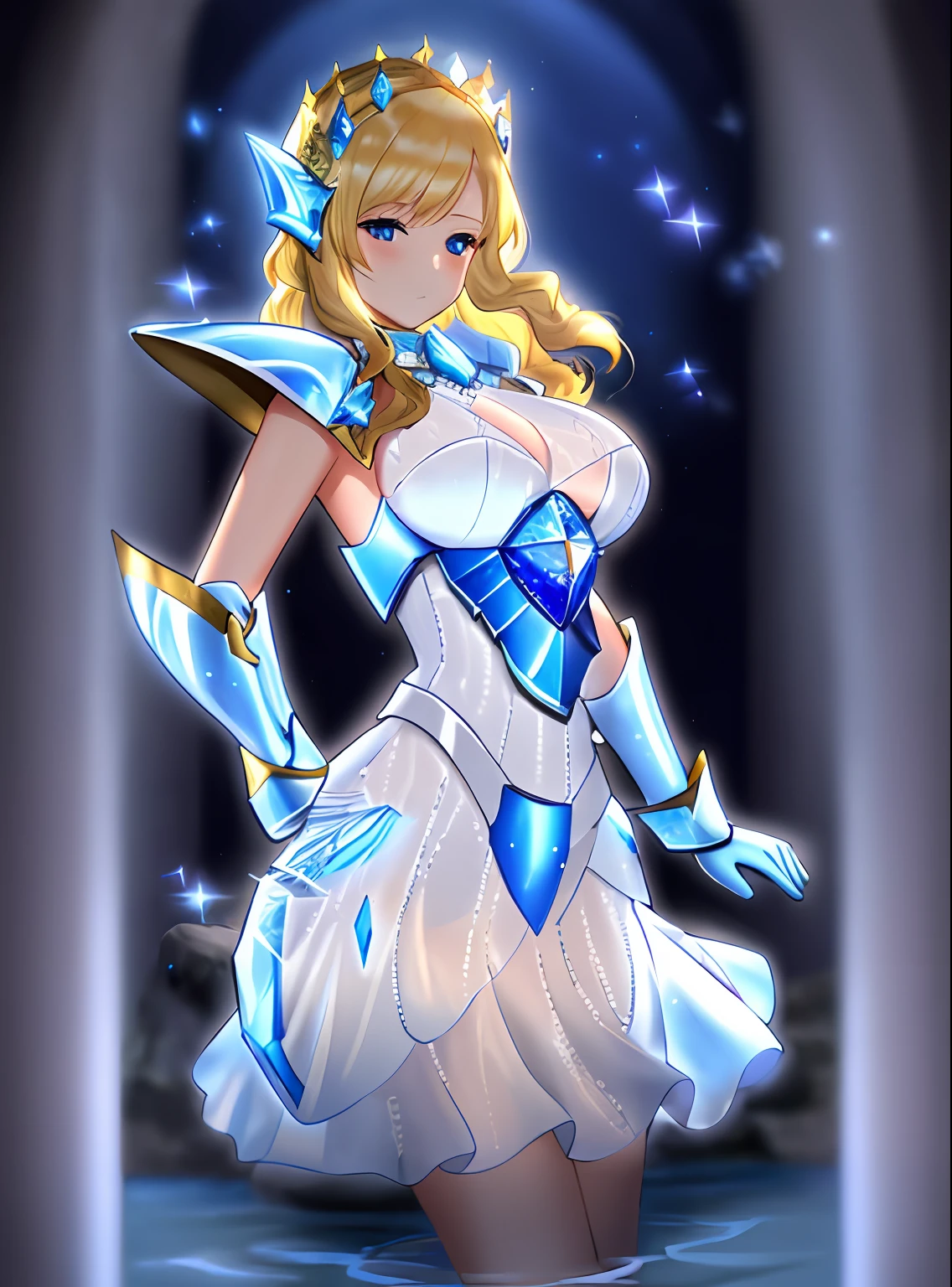Woman in white dress and gloves standing in water, a blonde girl, knights of zodiac girl, portrait knights of zodiac girl, In sapphire armor, oppai, huge tit, with large breasts, Dressed in light armor, Dress Armor Girl, glossy white armor, Glossy sapphire armor, princess intergalactica, Ice Crystal Armor, Sapphire Princess, sliver ice color reflected armor, pale blue armor