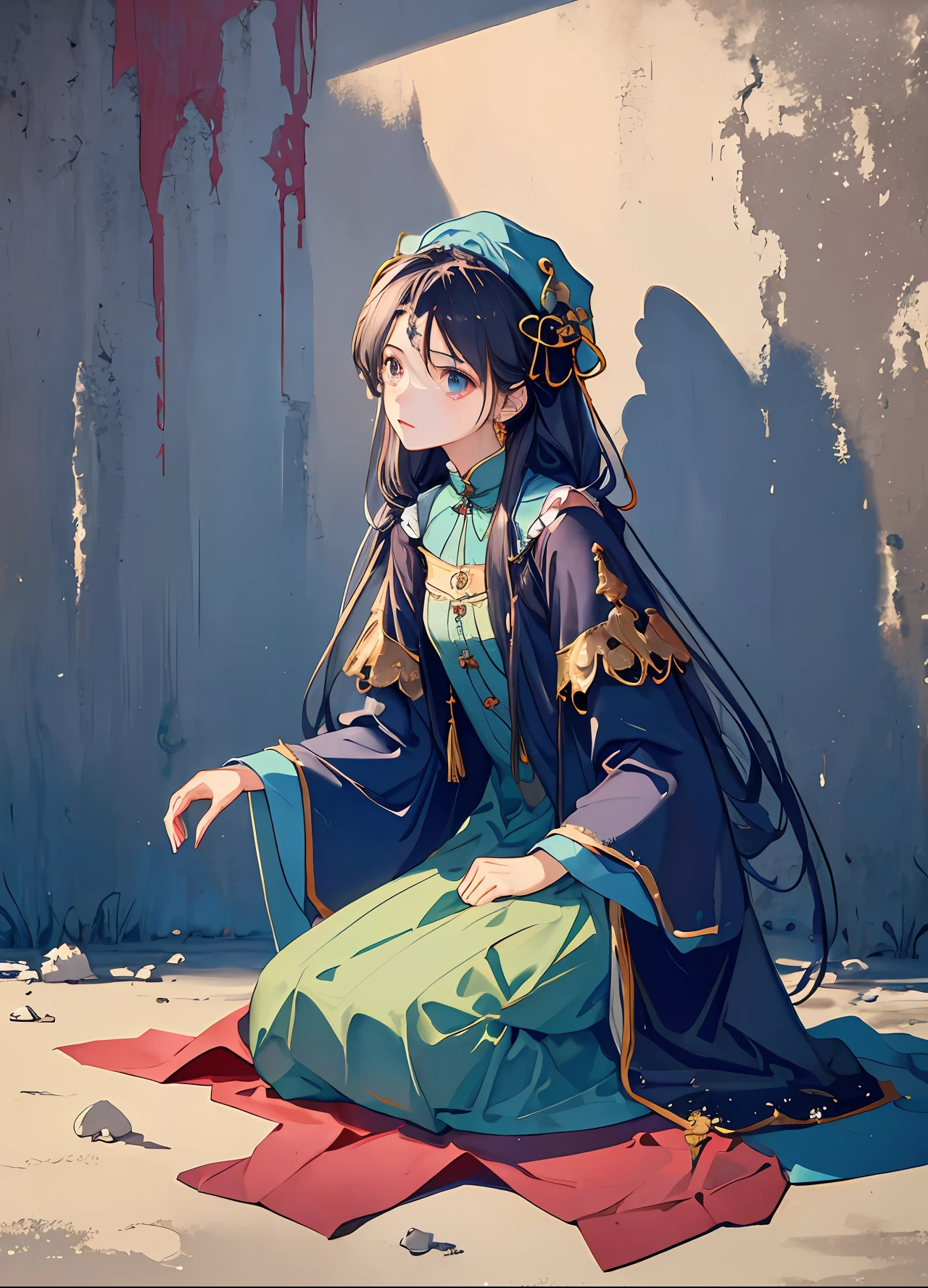 (tmasterpiece、Top quality、best qualtiy、Beauty and aesthetics、1.2)、1girll、beggar、The clothes are tattered、Begging、Kneel on the side of the street、There is no light in both eyes