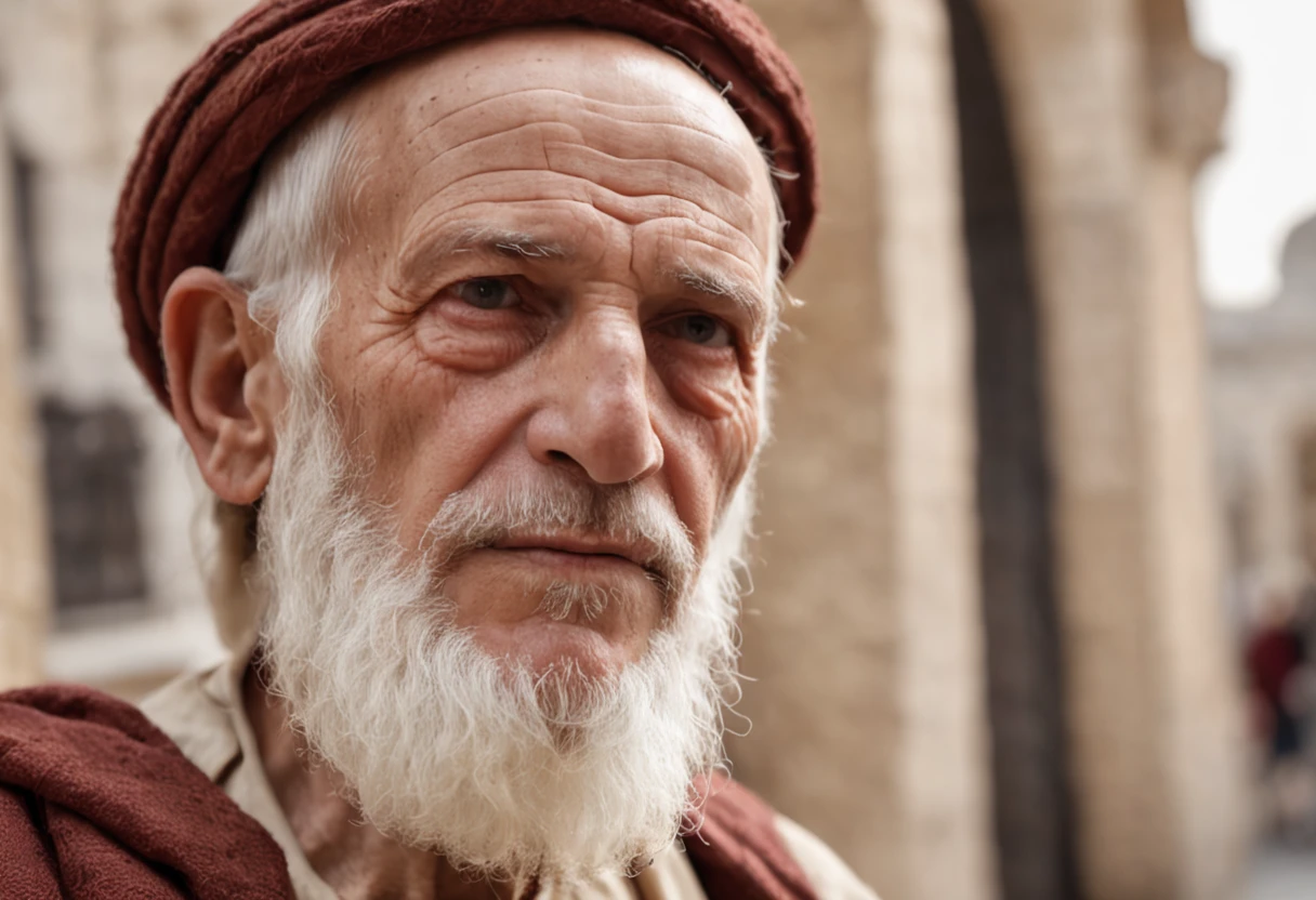 old man from the times of ancient Israel talking to a Levite in the street, wide angle