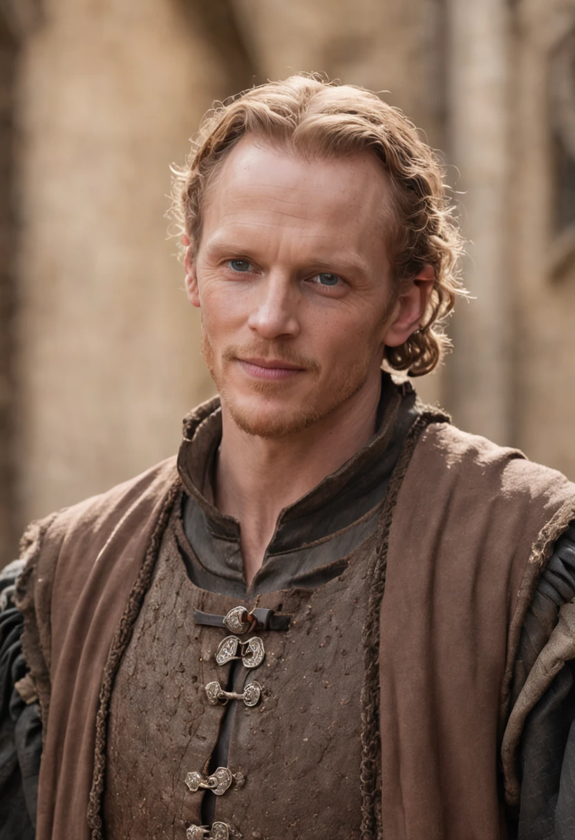 Portrait Photography, face shot of a mix between Cole Hauser and Paul Bettany as a medieval fantasy 40 year-old man, revolting looks, mid-length blondish curly hair, slim, clean-shaven, friendly expression, wide smile, medieval fantasy nice commoner clothes, in a medieval fantasy city, The colors are masterfully captured by Nikon D850 and a Nikon AF-S NIKKOR 70-200mm f/2.8E FL ED VR lens, Peter Jackson, fantasy, historical