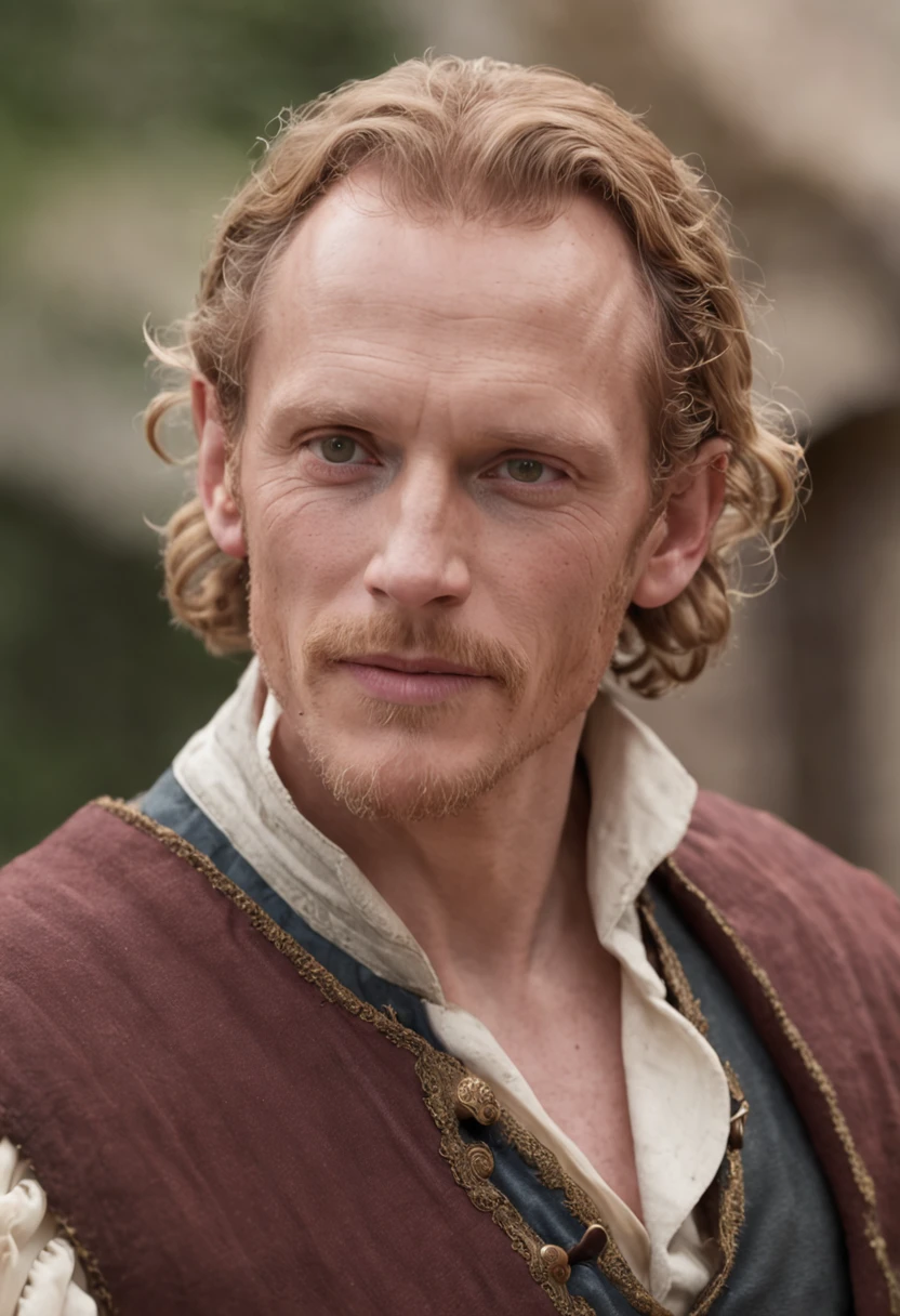 Portrait Photography, face shot of a mix between Cole Hauser and Paul Bettany as a medieval fantasy 40 year-old man, revolting looks, mid-length blondish curly hair, slim, clean-shaven, friendly expression, wide smile, medieval fantasy nice commoner clothes, in a medieval fantasy city, The colors are masterfully captured by Nikon D850 and a Nikon AF-S NIKKOR 70-200mm f/2.8E FL ED VR lens, Peter Jackson, fantasy, historical