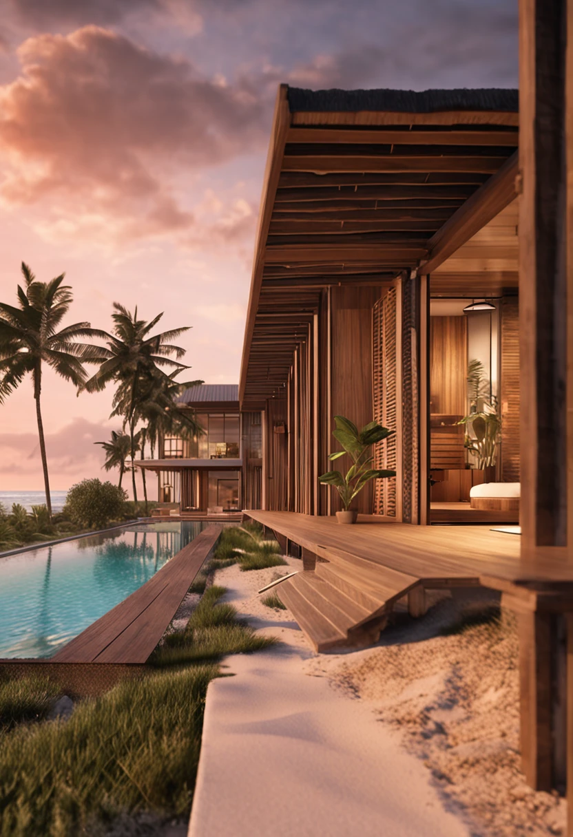 beach development, aerial view, one-story bungalow style, minimalist, details in slatted wood, facades with windows and small balconies, swimming pools, coconut trees, sunset lighting, realistic image, cinematographic