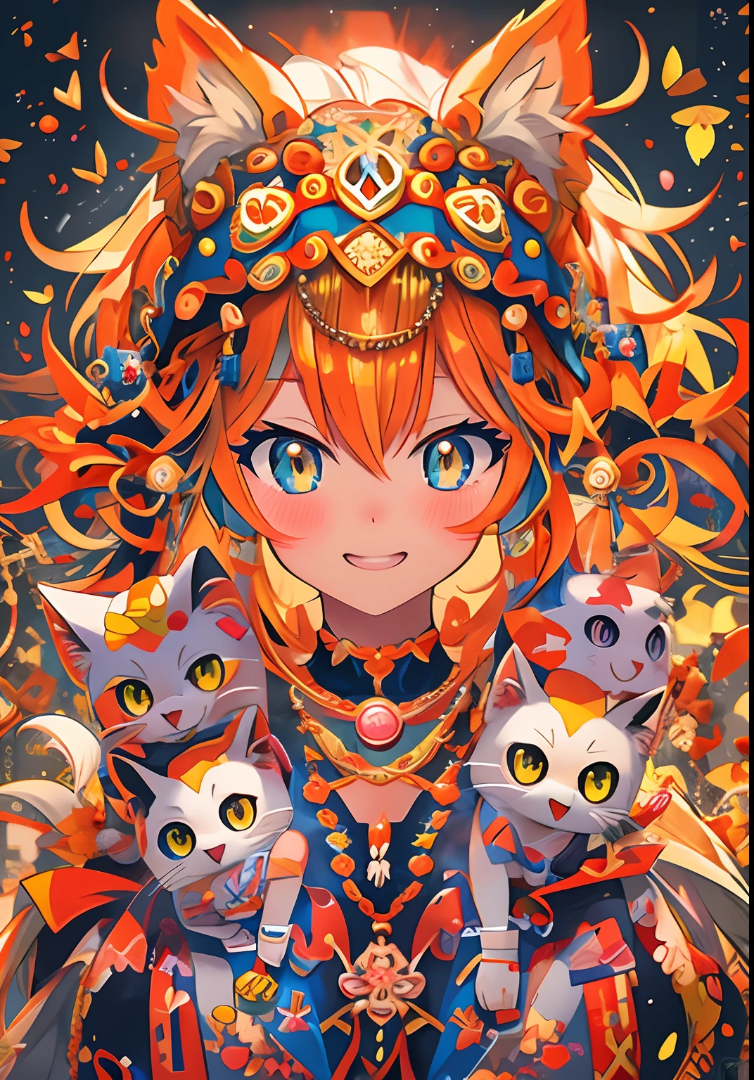 Anime girl and cat with orange hair and blue eyes, Detailed Digital Anime Art, Trending on ArtStation pixiv, anime fantasy illustration, digital anime illustration, guweiz on pixiv artstation, beautiful anime catgirl, anime style 4 k, detailed anime art, intricate ornate anime cgi style, Detailed anime artwork, cute anime catgirl, digital anime art, Anime Illustration