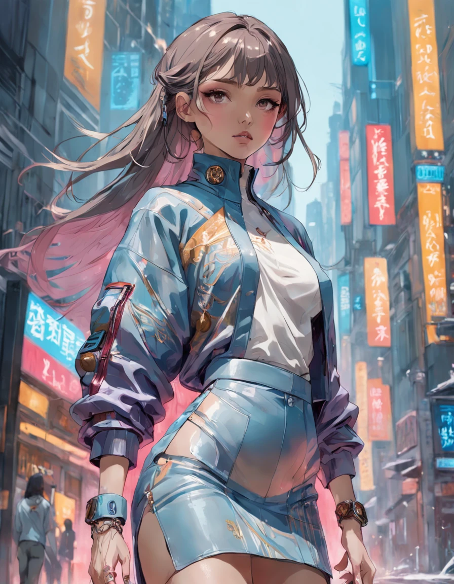 tmasterpiece, Beautiful Brazilian woman with perfect face, Elegant dress Gucci Balenciaga Versace Armani alternative suit, jaket, pullover, T-Shirt, 围巾,long skirt, Jeans, full bodyesbian, liberta, seele, Digital illustration, Manhwa Style, Cyberpunk, Perfect anatomy, centre, nearing perfection, Dynamic, highly detailed, complex, Intricate, art stations, concept-art, lisses, foco nítido, illustratio, art by Carne Griffiths and Wadim Kashin, only one, Awarded, tmasterpiece