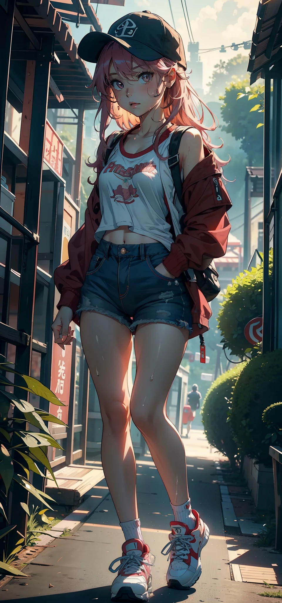 1female,,bit girl,Small loliuper adorable,Tiny breasts,Pornographic exposure, 独奏,(Background with:ln the forest,the rainforest,in summer) She has long pink hair,The hair was long,With baseball cap,standing on your feet,Sweat profusely,drenched all over the body,seen from the front, curlies, mostly cloudy sky,(((tmasterpiece),(Very detailed CG unity 8K wallpaper),best qualtiy,cinmatic lighting,detailed back ground,beatiful detailed eyes,Bright pupils,(Very fine and beautiful),(Beautiful and detailed eye description),ultra - detailed,tmasterpiece,)),facing at camera,A high resolution,ultra - detailed),,revealing breasts,Bare genitalia, Bulge,Camel toes,Raised sexy,Flushed complexion,Open-mouthed,frontage,Japan ElemenWearing:Red baseball jacket,Extra-short jeans,athletic sneakers)Full body photo