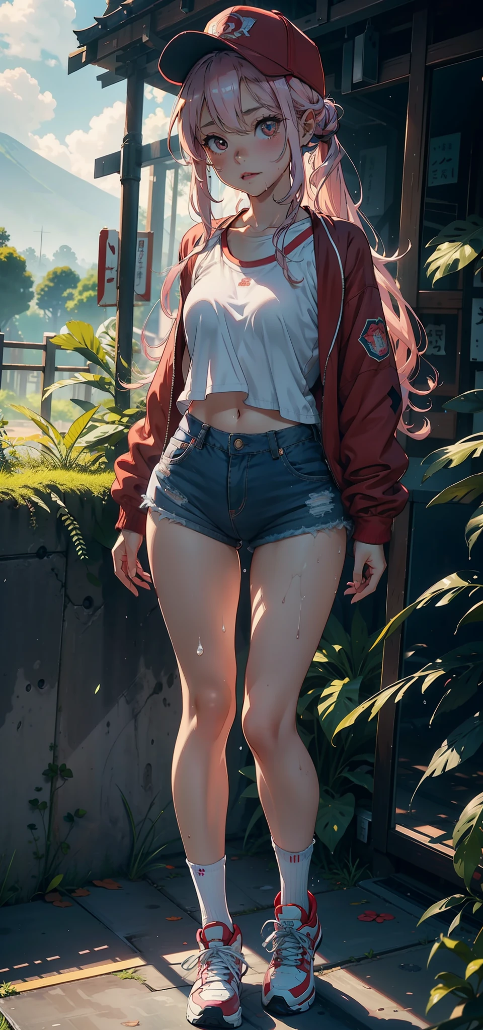 1female,,bit girl,Small loliuper adorable,Tiny breasts,Pornographic exposure, 独奏,(Background with:ln the forest,the rainforest,in summer) She has long pink hair,The hair was long,With baseball cap,standing on your feet,Sweat profusely,drenched all over the body,seen from the front, curlies, mostly cloudy sky,(((tmasterpiece),(Very detailed CG unity 8K wallpaper),best qualtiy,cinmatic lighting,detailed back ground,beatiful detailed eyes,Bright pupils,(Very fine and beautiful),(Beautiful and detailed eye description),ultra - detailed,tmasterpiece,)),facing at camera,A high resolution,ultra - detailed),,revealing breasts,Bare genitalia, Bulge,Camel toes,Raised sexy,Flushed complexion,Open-mouthed,frontage,Japan ElemenWearing:Red baseball jacket,Extra-short jeans,athletic sneakers)Full body photo