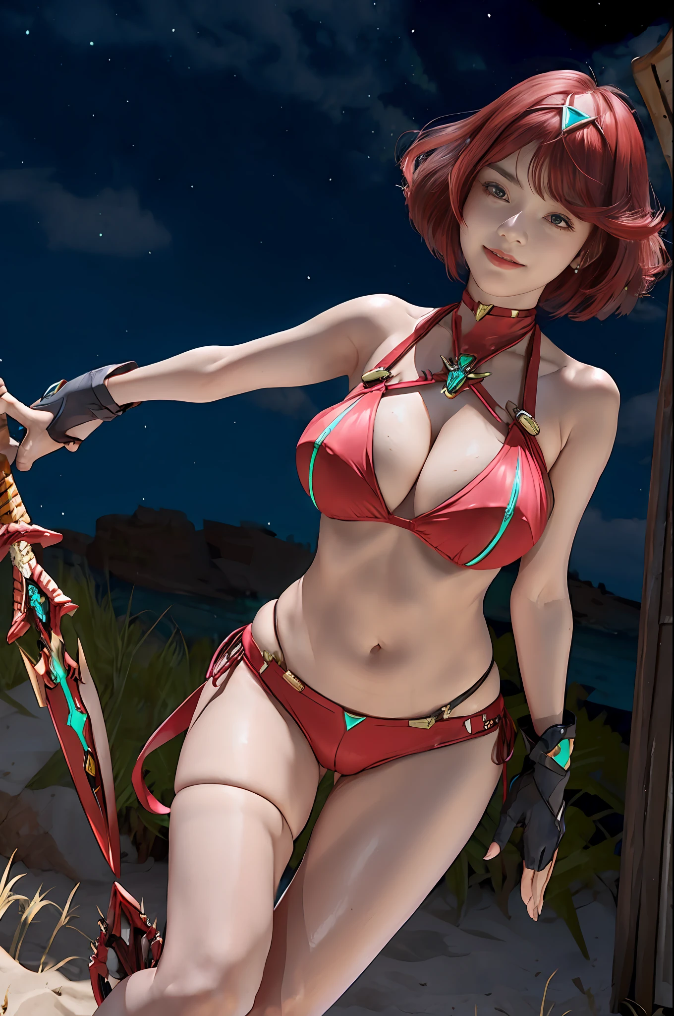 ((The bikini))、swim wears、Girl Holding a Sword、Facing this way、the beach、((daytime))、delicated face、pyra \(Xenoblade\), Teen_1girl in, armor, Bangs, Black Gloves, breasts, Red Eyes, Closed mouth, earrings, Eyelashes, Floating hair, framed breasts, Pedras preciosas, Hair Ornament, headpiece, Jewelry, Big_breasts, Leaning back, Leotard, neon trim, Official art, Pose, Red hair, red bikini, Masatsugu Saito, Short hair, Short shorts, Short sleeves, side locks, Skin Tight, Solo, Standing, swept bangs, thighs thighs thighs thighs, tiarra, Night_grass field_Background, turtle neck, Underbust, vambraces, Xenoblade Chronicles \(Series\), (Xenoblade Chronicles 2), apart_Legs, fire_effect,Dynamic_Pose,Fighting,light_Smile, (Plump:1.1), Big_Ass,Huge_Sword, Hold_Large_Sword_grip, Solo, Covered_Nipples, Covered_cunt,Open_Mouth,Back_View, faust,