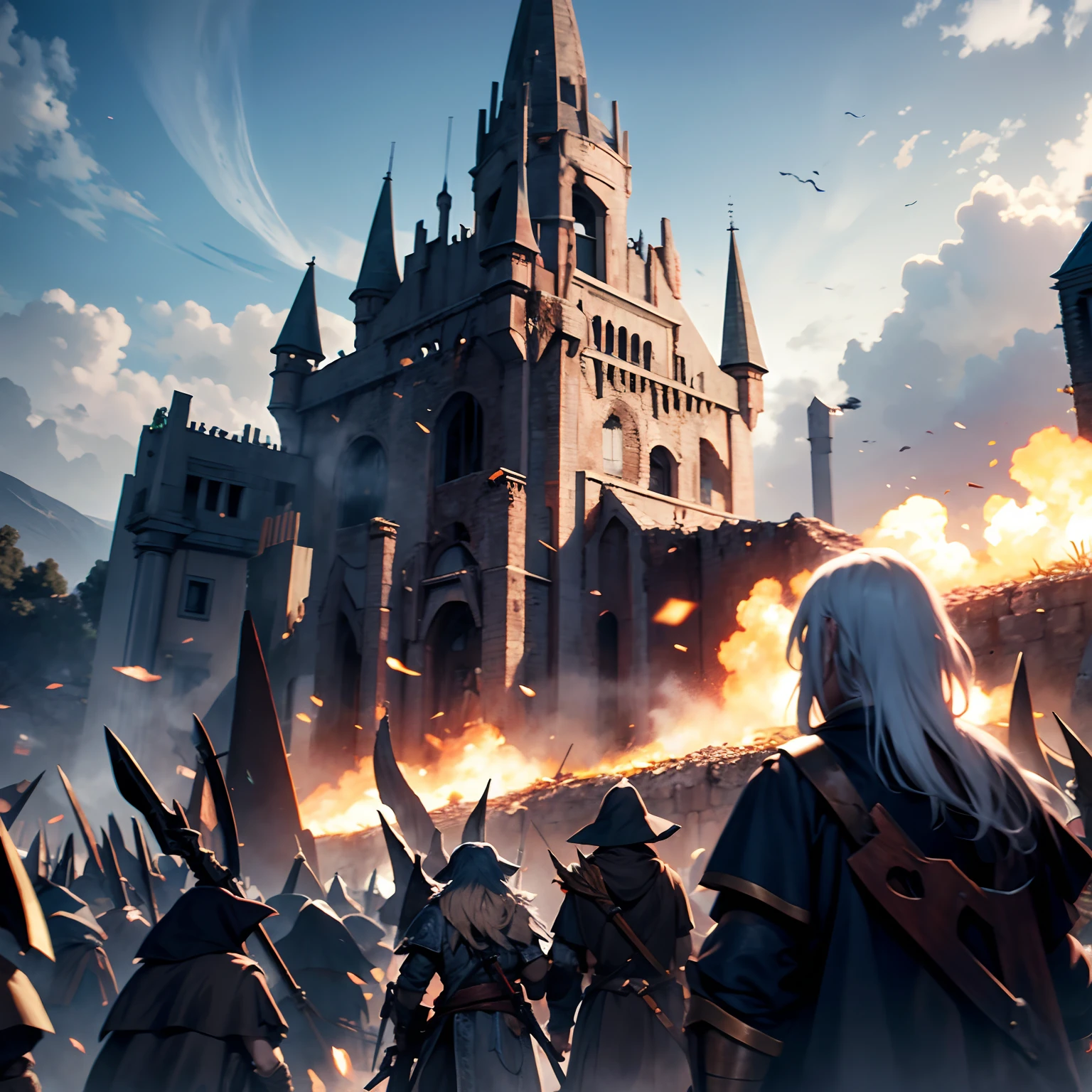 decenas de orcos estan atacando un pueblo gandalf defiende el pueblo con poderes magicos