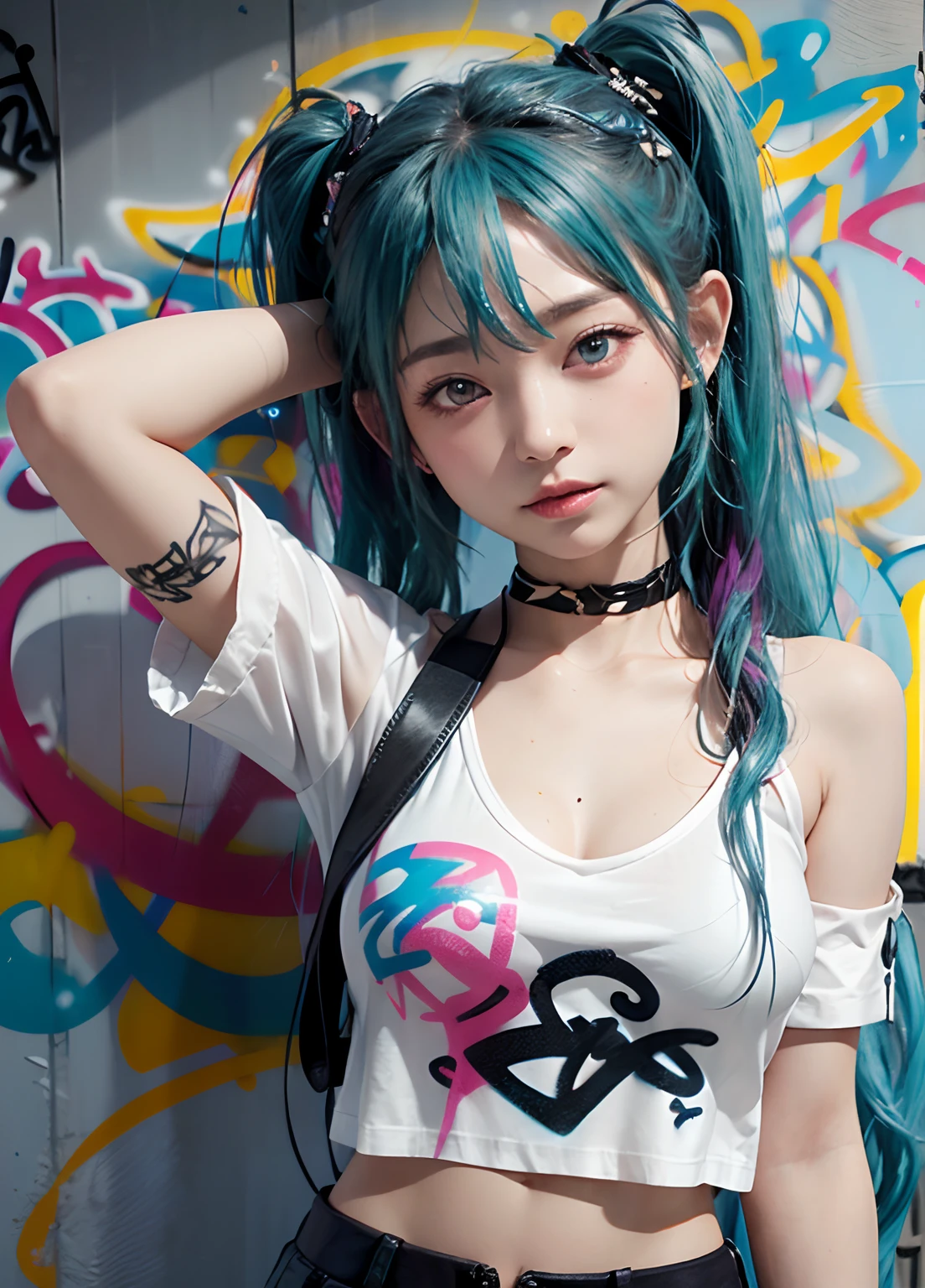 8k, top-quality, (pubic hair beauty)、hight resolution, realisticlying, realperson, 1girl in, Long, blue hairs, white t-shirts, Black vest, Pink skirt, red scarf, tattooed, a choker, Pink riding boots, stockings, natta