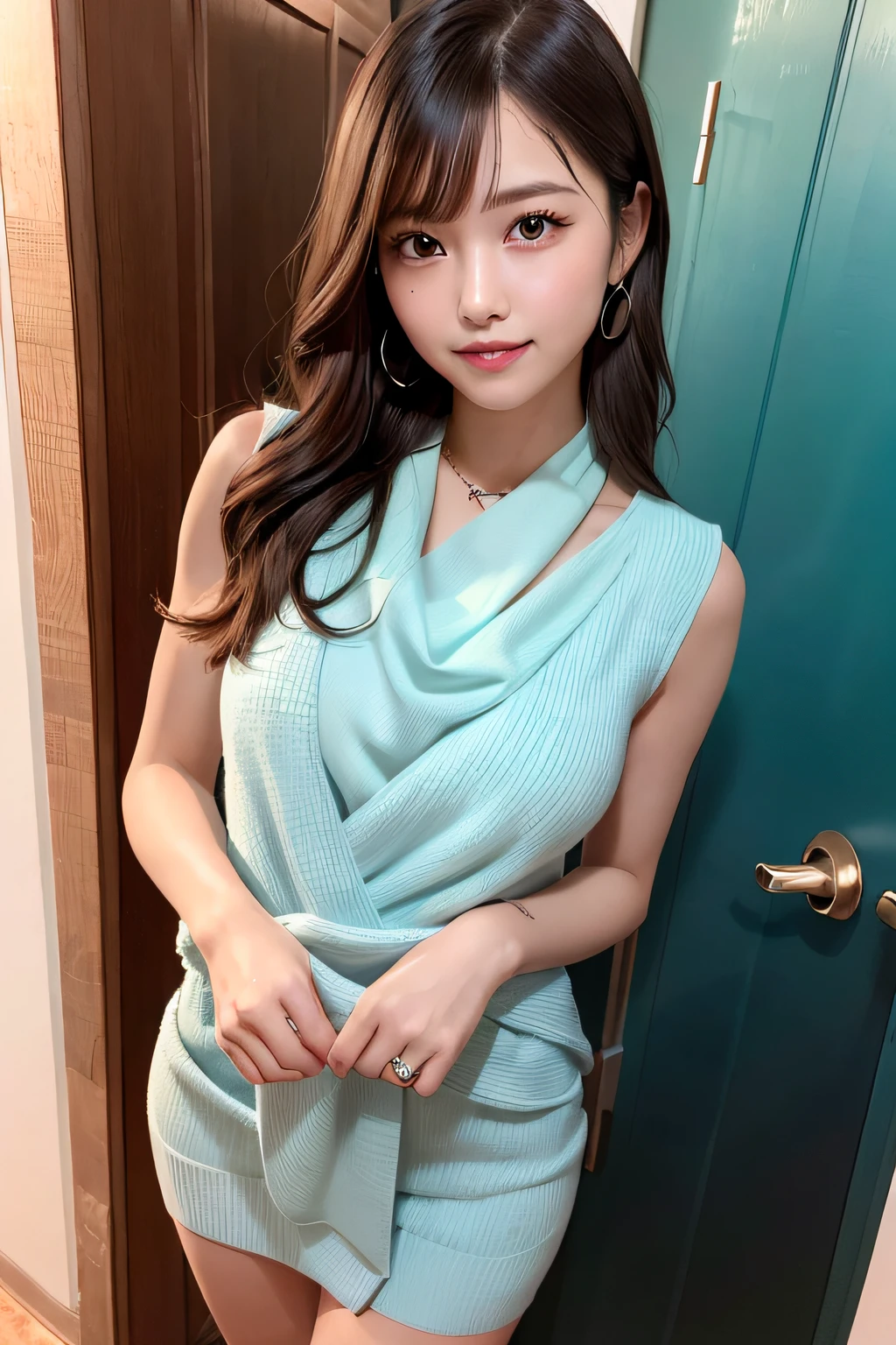 ((Best picture quality, 8K, tmasterpiece:1.3)), 1girll, Beautiful woman with slender abs:1.3, Casual hairstyle, (Off-the-shoulder blouse pleated skirt:1.3),(wet see through clothes:1.4),Ultra-fine face, A detailed eye, 二重まぶた,(long leges:1.4),(athletic sneakers:1.3),Lie on your side on the sofa