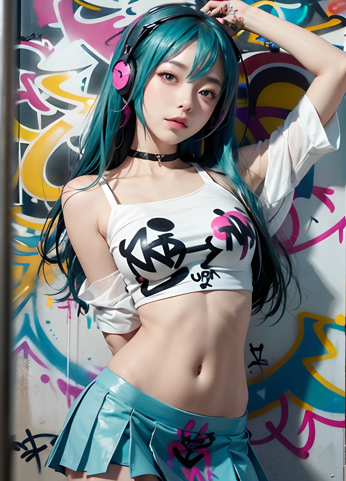 miku hatsune、masutepiece, Best Quality, 1girl in, Solo, (), (Transparent shirt), croptop, sexy skirt, Choker, (Graffiti:1.5), Paint Splatter, arms behind back, Against Wall, Looking at Viewer, arm band, Thigh strap, paint on body, Head tilt, bored, multicolored hair, aqua eyes, headset on head, bared  chest, NSFW, Expressed breasts, Off Schoeller