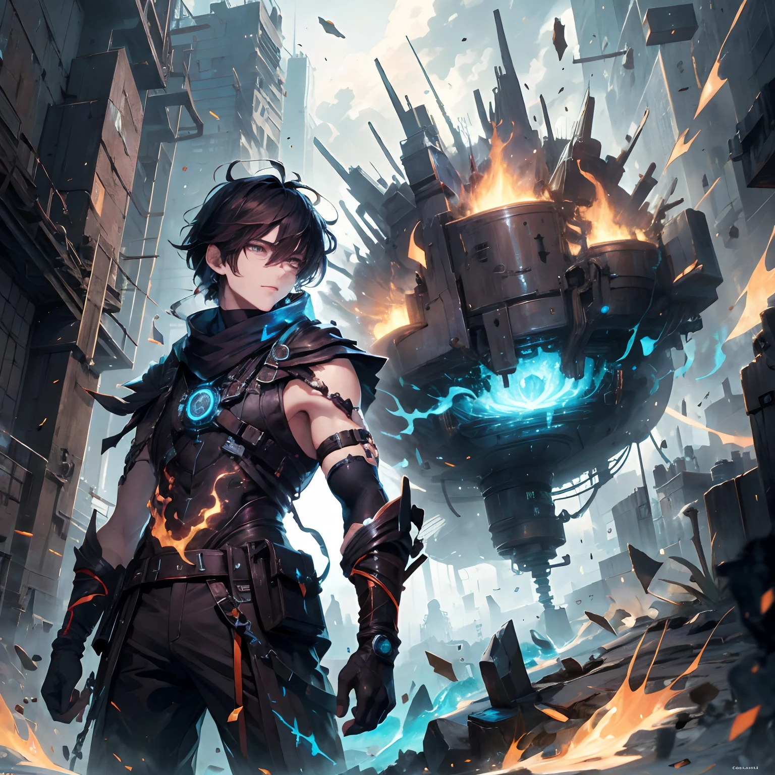(absurdres, highres, ultra detailed), masterpiece, best quality, real light and shadow, solo, full body,a boy with dark brown hair, sleeveless outfits, handsome, bipedal, full pants, flames, fire power, burn ,white clothes, buff, finely eye, detailed face, detailed eye, scarf, blue clothes, white clothes, arm braces, futuristic technology, from below, look down, futuristic earpiece,futuristic city, swirl, spark, superhero landing shot, BREAK, dark brown eyes