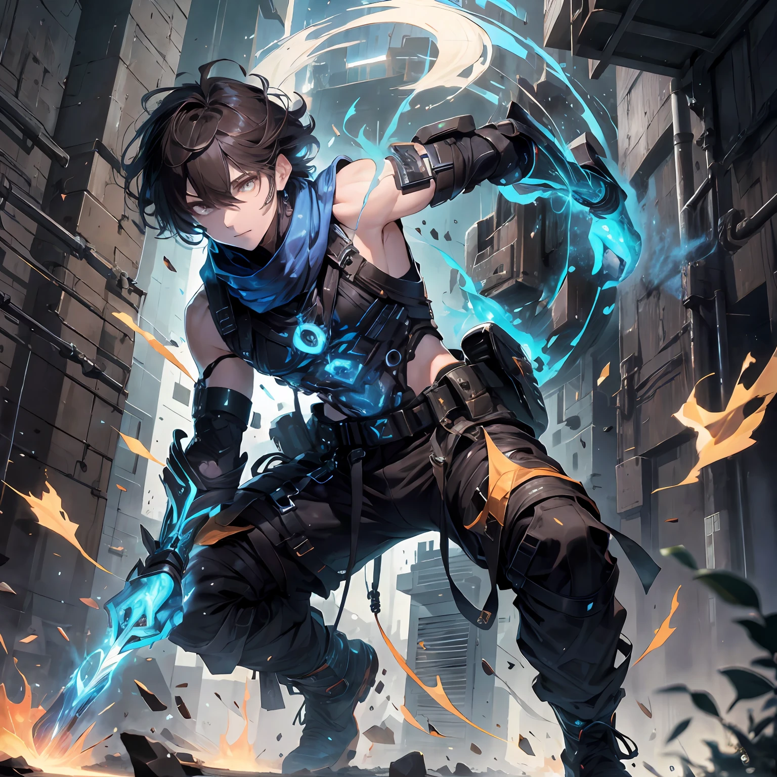 (absurdres, highres, ultra detailed), masterpiece, best quality, real light and shadow, solo, full body,a boy with dark brown hair, sleeveless outfits, handsome, bipedal, full pants, flames, fire power, burn ,white clothes, buff, finely eye, detailed face, detailed eye, scarf, blue clothes, white clothes, arm braces, futuristic technology, from below, look down, futuristic earpiece,futuristic city, swirl, spark, superhero landing shot, BREAK, dark brown eyes