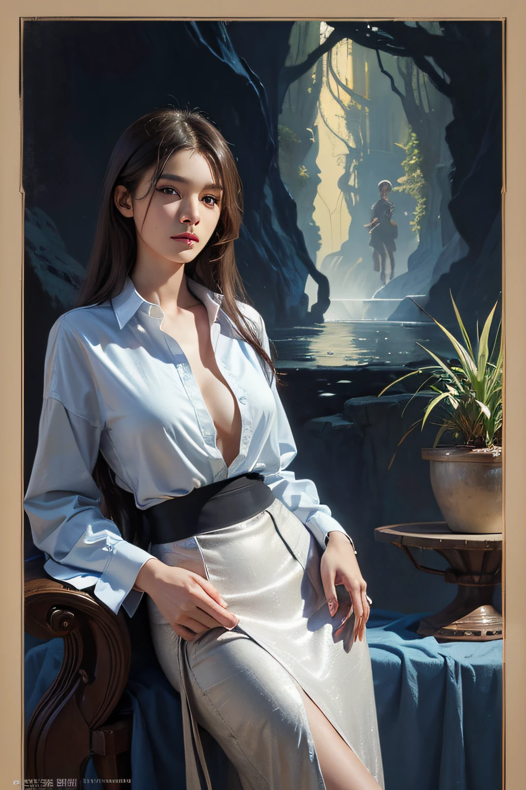 Surrealist portraits of women by David Hockney and Alphonse Mucha,Fantasyart,photographrealistic,动态照明,art stations,poster for,Volumetriclighting,Very detailed faces,4 k'',Award-Awarded,,1girll,in the darkness nigth,deep shading,low tune,Cowboy photos,(Low-cut shirt:1.4),long whitr hair,huge tit