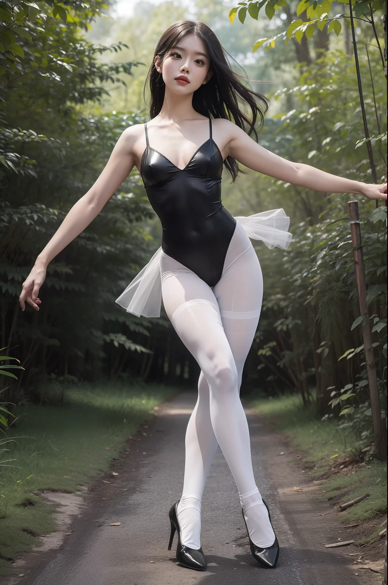 (full body:1.5),(1girl:1.3),(view the viewer:1.4),(anatomy correct:1.3),(Dancing ballet in the forest:1.2),(Wearing a Komeiji Koishi SET:1.2),(Opaque pantyhose:1.3),( girl pointed thick heels :1.1),(Accurate and perfect face:1.3),(Long legs:1.3),hyper HD, Ray traching, reflective light, structurally correct, Award-Awarded, high detail, lighten shade contrast, Face lighting ,cinematic lighting, masterpiece, super detailing, high quality, high detail, best quality, 16k,High contrast,