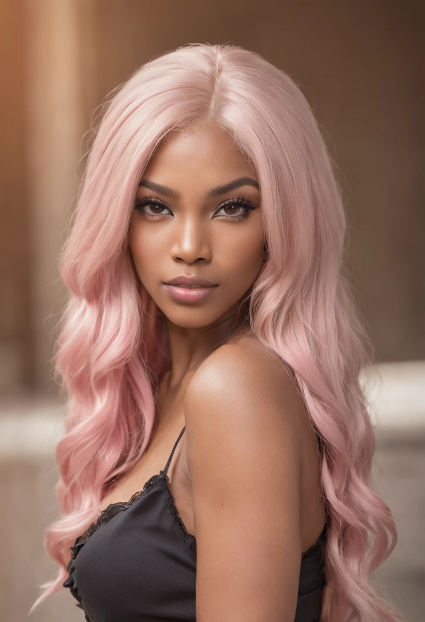 Black female with blonde hair, has pink highlights, wearing tight sexy clothing, cleavage,