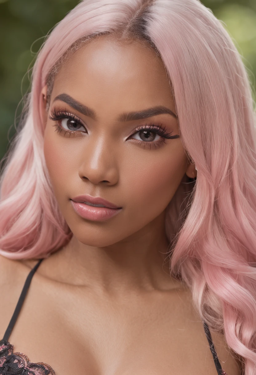 Black female with blonde hair, has pink highlights, wearing tight sexy clothing, cleavage,