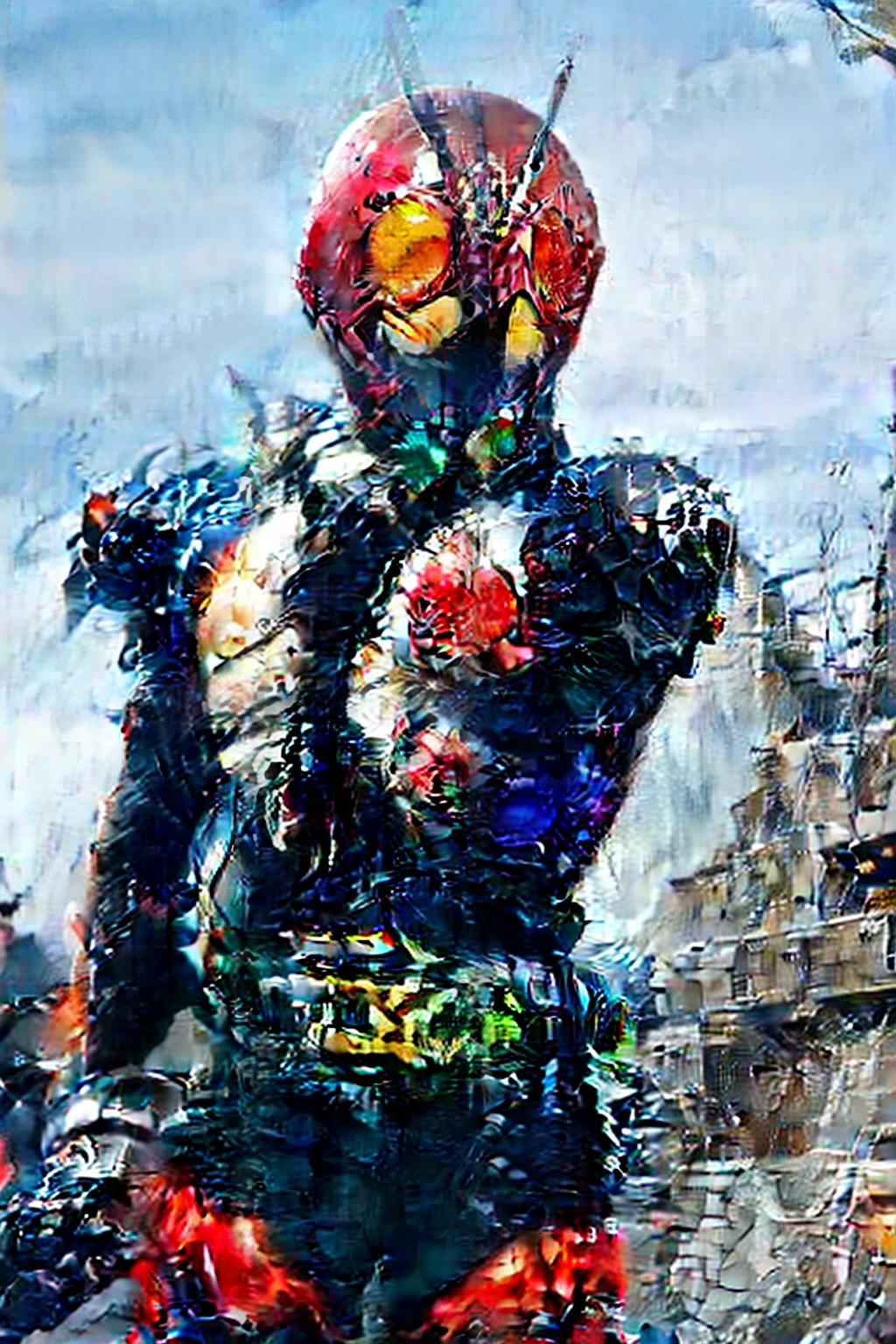 (8K、primitive、professinal、top-quality)、(hentail realism、Photorealsitic:1.2)、(highest detailed face:1.2)、Front lighting、A dark shadow threatens the city。Kamen Rider Scarlet_Sun。Metallic body，The crimson shone silver、Wear a deformed belt、Burn with a righteous heart, He follows the minions of evil々Defeat。The fighting intensified、The last enemy appears。Special moves(Crimson crushed)big breasts and big breasts、Kamen Rider illuminates the darkness。