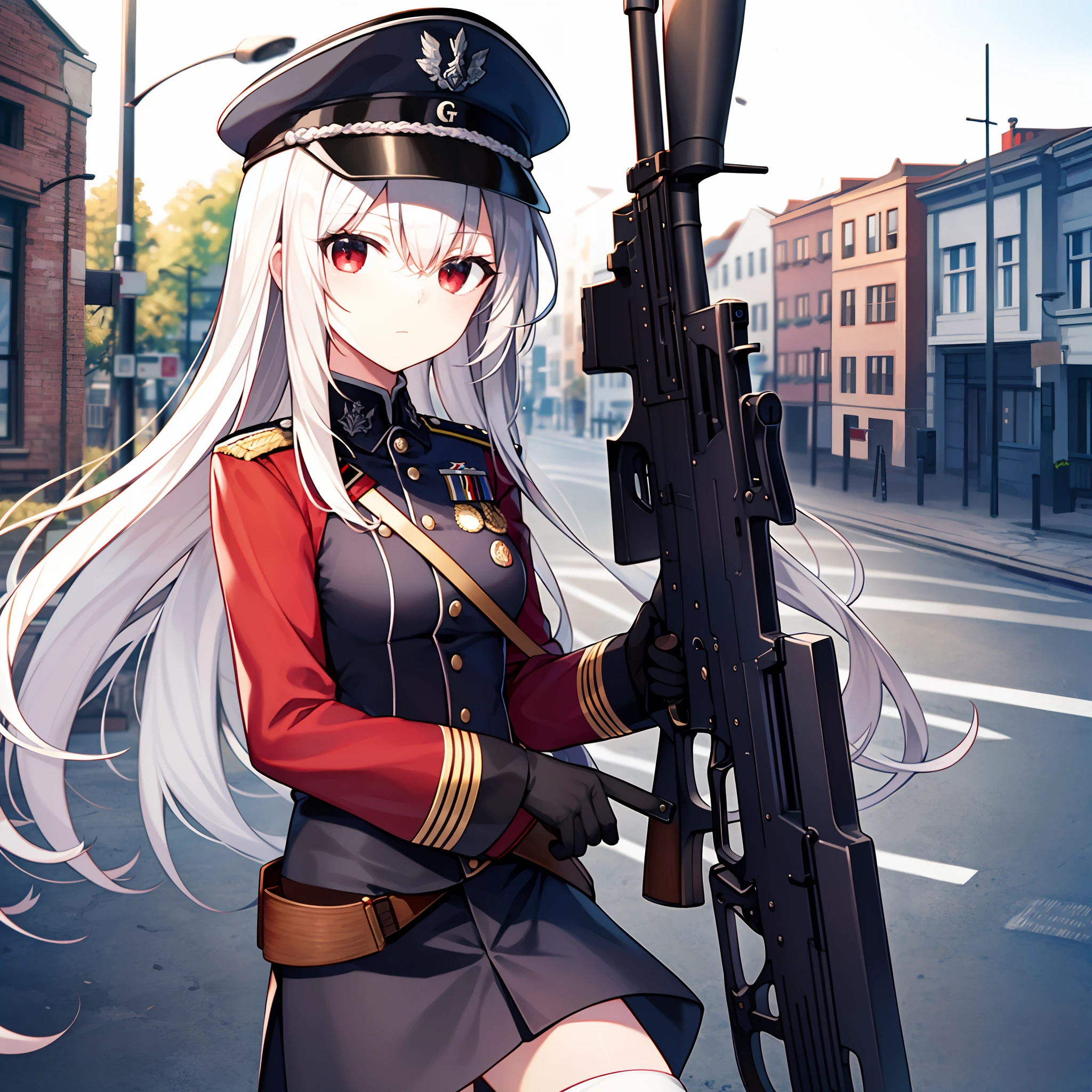 Military Ru, 1girll, Solo, standing, Very long hair, (Messy hair:1.3) White hair, Red eyes, Skinny, bangs, hair between eye, , gauss rifle, Bauman's Wehrmacht, , Assault_rifle, Holding_Gun, Aim for, Aim for_at_peeping at the viewer, trigger_Discipline,  (Germanic street background), Flag of Greater Germania, (Germanic black military uniform), Military, binh,，future era,Return to the worldview of the German headquarters