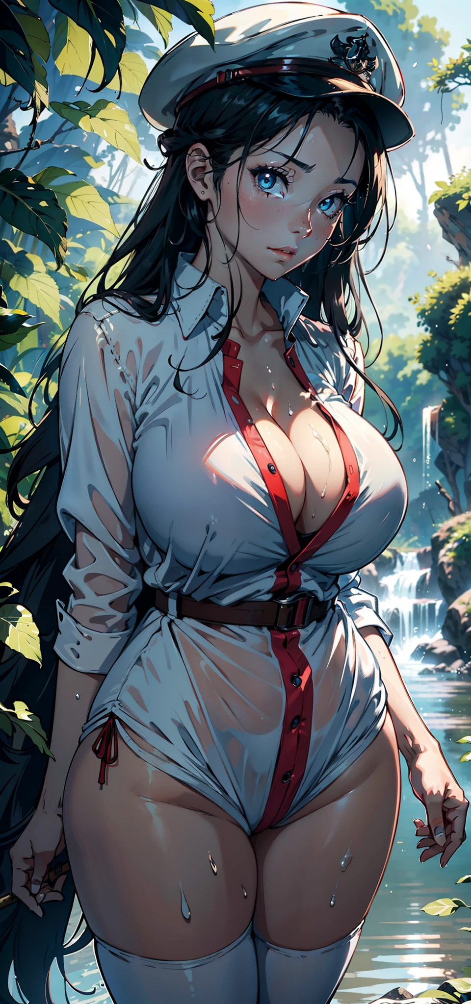 1female,35yo,huge-breasted,long leges,Pornographic exposure, 独奏,(Background with:grape trees,the rainforest,in summer,Standing water on the ground,exteriors) Feel free to hairstyle,Stride,Sweat profusely,drenched all over the body,seen from the front,Long black hair , mostly cloudy sky,(((tmasterpiece),(Very detailed CG unity 8K wallpaper),best qualtiy,cinmatic lighting,detailed back ground,beatiful detailed eyes,blue color eyes,Bright pupils,(Very fine and beautiful),(Beautiful and detailed eye description),ultra - detailed,tmasterpiece,)),face to the viewer,frontage,A high resolution,ultra - detailed)nakeness,Wipe off panties,revealing breasts,Bare genitalia, Bulge,Camel toes,Raised sexy,Lewd expression,Flushed complexion,Open-mouthed,frontage,military hat,(Wearing:red capelet,white playsuit)