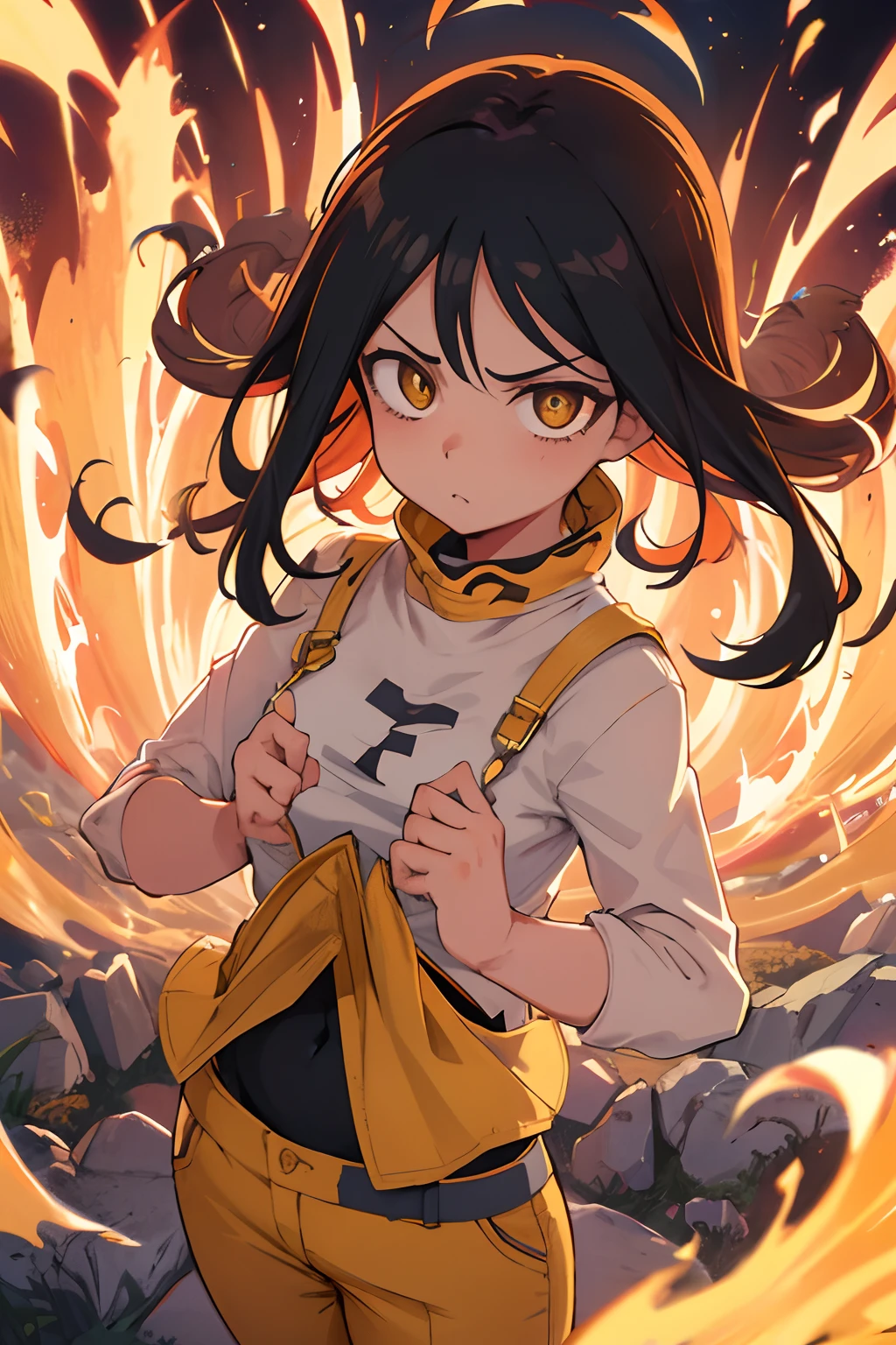 garota, Hands on fire, poder do fogo, My Hero Academia, Fofa, tight pants, regata, musculoso, cabelo curto, cabelo preto, compositing, perspectiva, princesa, fundo incandecente, gradiente no fundo, Ultra Detalhado, tightly glued pants, pants with brown stains, yellow trousers, olhos amarelos