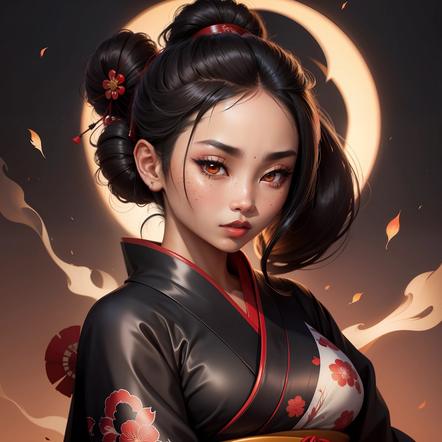 geisha, wear black kimono, black hair, red moon, dark skin complexion, cherry blossom on hair, 4k, almond eyes, big lip, logo, heart shape face, face fuller, sexy hair tied up, black eyes, dark red lipstick, female samurai warrior, swords, face shots, head shots, freckles on the face, up close head face shots, full hair, brown skin tanned