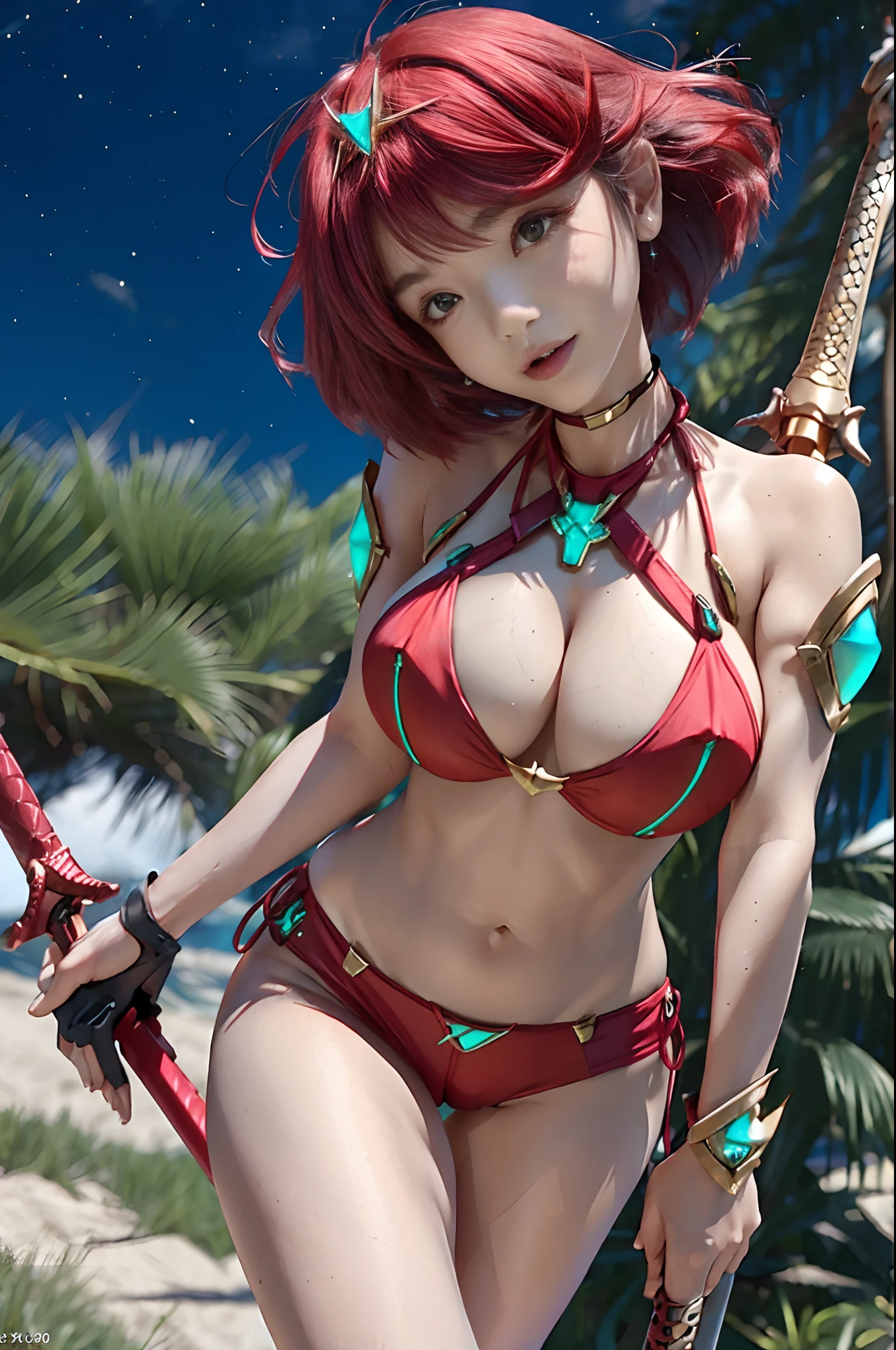 ((The bikini))、swim wears、Girl Holding a Sword、Facing this way、the beach、((daytime))、delicated face、pyra \(Xenoblade\), Teen_1girl in, armor, Bangs, Black Gloves, breasts, Red Eyes, Closed mouth, earrings, Eyelashes, Floating hair, framed breasts, Pedras preciosas, Hair Ornament, headpiece, Jewelry, Big_breasts, Leaning back, Leotard, neon trim, Official art, Pose, Red hair, red bikini, Masatsugu Saito, Short hair, Short shorts, Short sleeves, side locks, Skin Tight, Solo, Standing, swept bangs, thighs thighs thighs thighs, tiarra, Night_grass field_Background, turtle neck, Underbust, vambraces, Xenoblade Chronicles \(Series\), (Xenoblade Chronicles 2), apart_Legs, fire_effect,Dynamic_Pose,Fighting,light_Smile, (Plump:1.1), Big_Ass,Huge_Sword, Hold_Large_Sword_grip, Solo, Covered_Nipples, Covered_cunt,Open_Mouth,Back_View, faust,