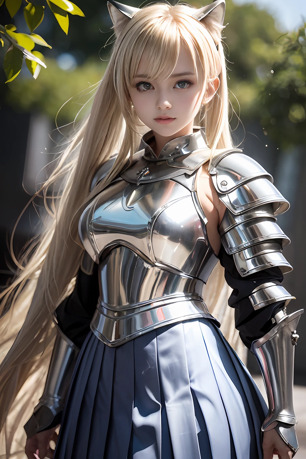 bright expression、poneyTail、Young shiny shiny white shiny skin、Best Looks、Blonde reflected light、Platinum blonde hair with dazzling highlights、shiny light hair,、Super long silky straight hair、Beautiful bangs that shine、Glowing crystal clear attractive big blue eyes、Very beautiful nice cute 16 year old girl、Lush bust,Beautiful detailed eyes, beautiful detailed nose,(( Full body:1.25)),Makeup that the eyes emphasize、((Pleated skirt with many folds)),(Women like Joan of Arc:1.3)、(s Armor:1.3)、Knights, (With a sword and shield:1.2)，Royal style，Comic style, , Sub-surface scattering, ornate detail, nature backdrop, Hyper-realistic, Cinematic, Dramatic Lighting, masutepiece、(Armor with a wolf motif)、(Wolf emblem:1.5)、