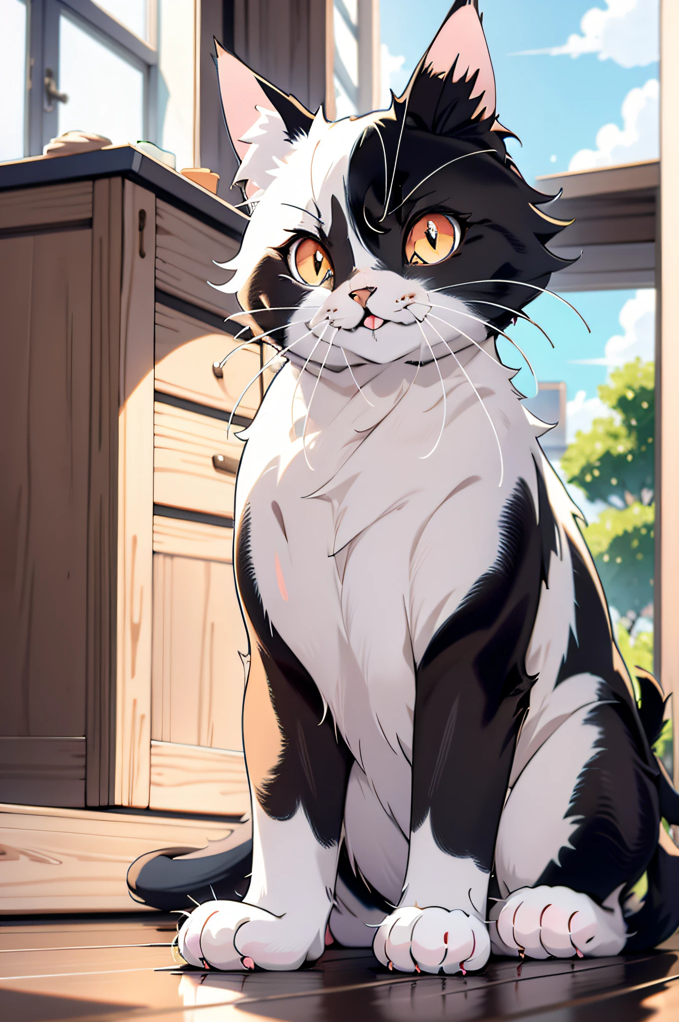 a cat, background is white, mismatched pupils, light smile, anime, anime, Surrealism, Wide-Angle, Ultra-Wide Angle, wide shot, 8k