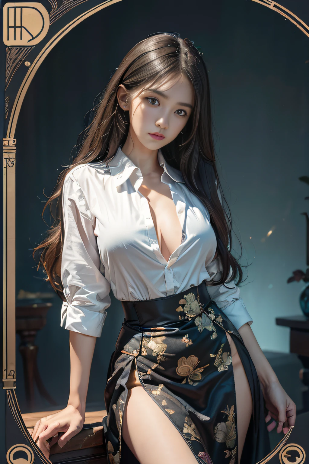 Surrealist portraits of women by David Hockney and Alphonse Mucha,Fantasyart,photographrealistic,动态照明,art stations,poster for,Volumetriclighting,Very detailed faces,4 k'',Award-Awarded,,1girll,in the darkness nigth,deep shading,low tune,Cowboy photos,(Low-cut shirt:1.4),long whitr hair,huge tit