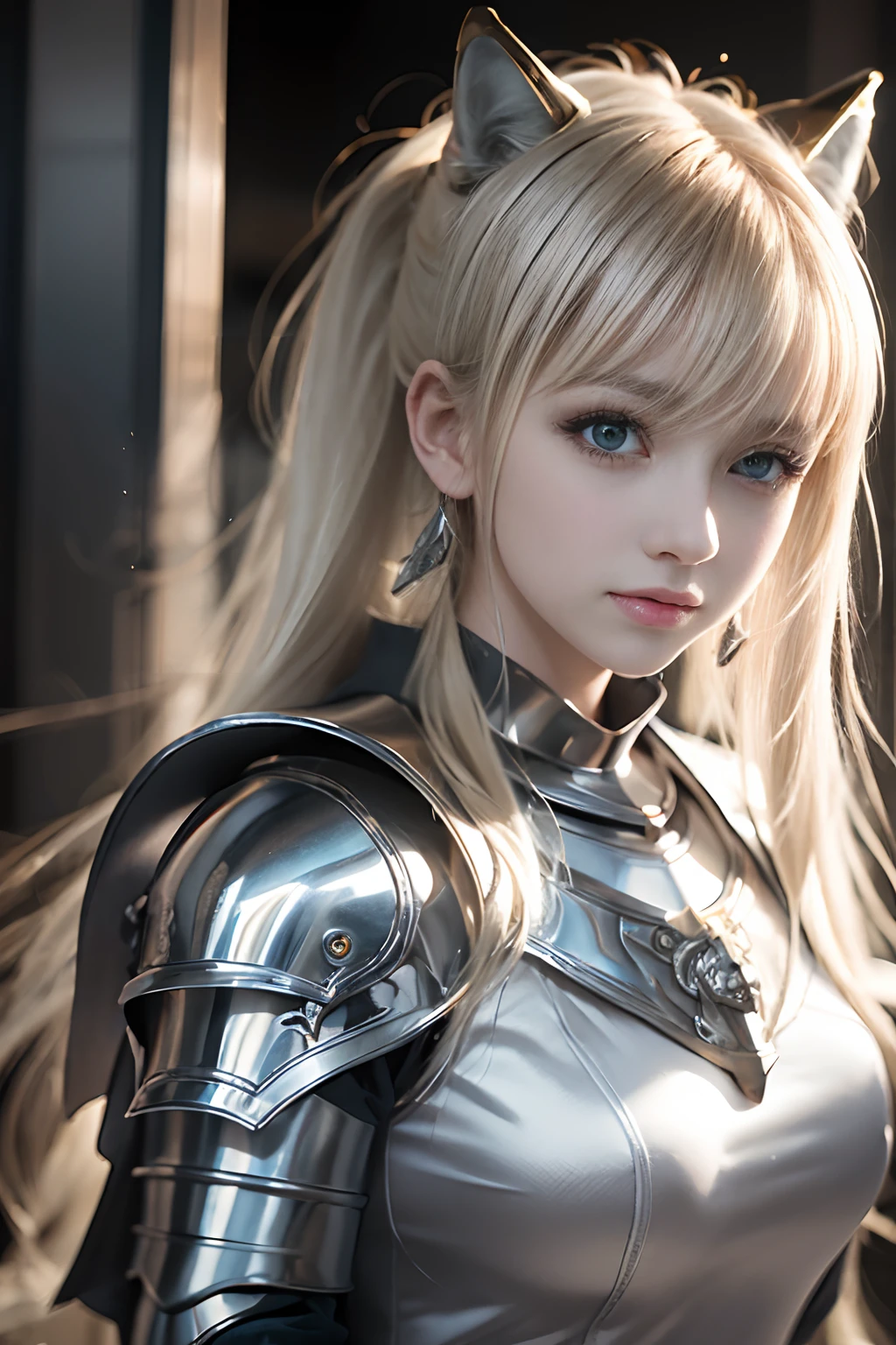 bright expression、poneyTail、Young shiny shiny white shiny skin、Best Looks、Blonde reflected light、Platinum blonde hair with dazzling highlights、shiny light hair,、Super long silky straight hair、Beautiful bangs that shine、Glowing crystal clear attractive big blue eyes、Very beautiful nice cute 16 year old girl、Lush bust,Beautiful detailed eyes, beautiful detailed nose,(( Full body:1.25)),Makeup that the eyes emphasize、((Pleated skirt with many folds)),(Women like Joan of Arc:1.3)、(s Armor:1.3)、Knights, (With a sword and shield:1.2)，Royal style，Comic style, , Sub-surface scattering, ornate detail, nature backdrop, Hyper-realistic, Cinematic, Dramatic Lighting, masutepiece、(Armor with a wolf motif)、(Wolf emblem:1.5)、