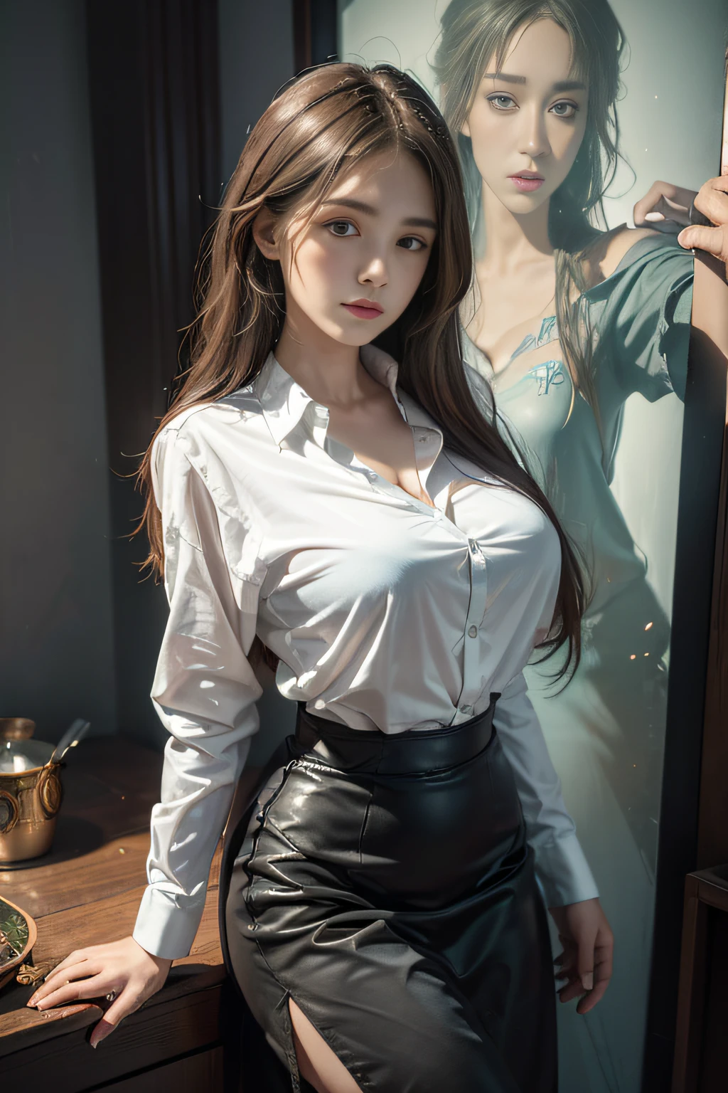 ((Top quality, 8K, Masterpiece: 1.3)), Clear focus: 1.2, Beautiful Women with Perfect Figure: 1.4, Slender abs: 1.2, ((layer cut, : 1.2)), (Long shirt，White button opening: 1.1), (rain, street: 1.2), Wet body: 1.5, Highly detailed face and skin texture, Detailed eyes, Double eyelids, The orange glow of the western sun, Madder sky, The dazzling Western Sun, Dusk, Night，black lence stockings，White panties and bra，Expose cleavage，At the office