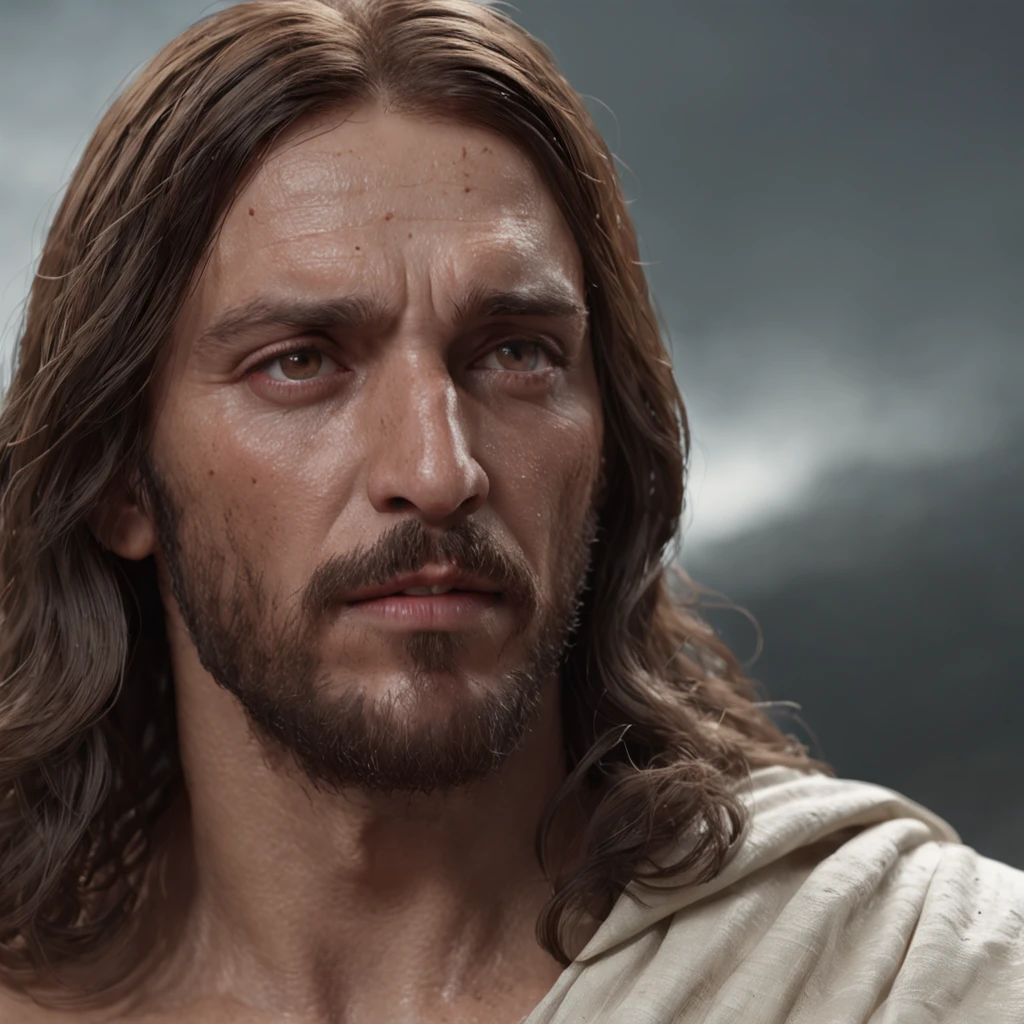 Uma imagem de Jesus (Professional 3D rendering:1.3) de (Realistic:1.3) Foto de arte mais bonita do mundo，Features soft, bright male heroes, ((Epic hero fantasy rough muscular man wet hero angry look long hair short beard and fierce expression in dynamic pose, fantastic location, majestoso ambiente desordenado)), corpo inteiro 8k unidade render, action shot, poros da pele, very dark lighting, sombreamento pesado, circunstanciado, Rosto detalhado, (vibrante, fotogrdeia realista, Realistic, Dramatic, Escuro, foco nítido, 8k), (Old leather clothes damaged by bad weather:1.4), ((((Use peles)))), (intrincado:1.4), decadente, (altamente detalhado:1.4), pintura digital, rendering by octane, art stations, Conceito-Arte, liso, foco nítido, illustration, germe da arte, (Loish:0.23), Wlop Ilya Kuvshinov, e Greg Rutkowski e Alphonse Mucha Gracias, (global ilumination, studiolight, Light Volumetric), chuva forte, floating particles, patife, fantasia, Onze, corpo inteiroesbian, ((Fundo escuro e antigo da cidade:1.3)),CGSesociedade,art stations