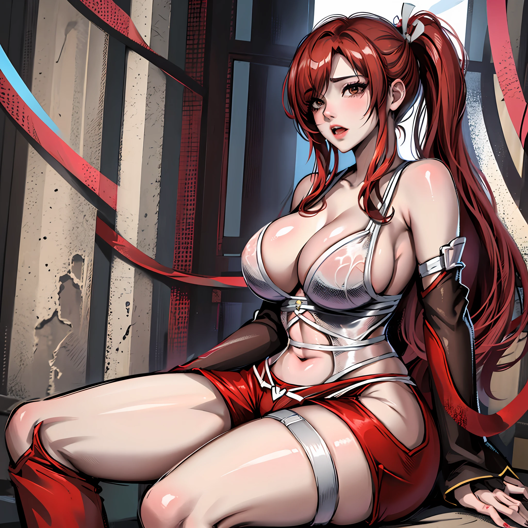Masterpiece, Best Quality, hight resolution, fairytale, 1girl, hairlong, red hair, pony tail, white ribbon, hair above one eye, Brown eyes, large breasts, Sarashi's chest, bandage, Red Hakama, wide thighs, big butt, red pants, Sits, spreading legs, erotic pose, Erotica