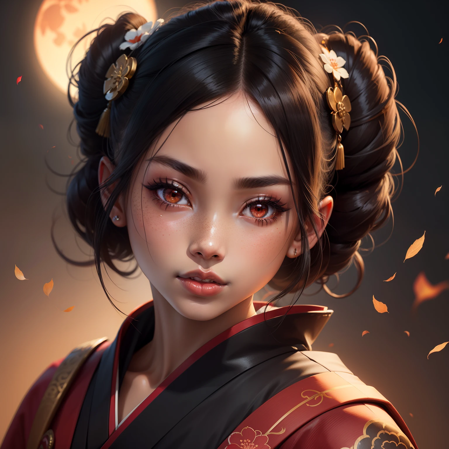 geisha, wear black kimono, black hair, red moon, dark skin complexion, cherry blossom on hair, 4k, almond eyes, big lip, logo, heart shape face, face fuller, sexy hair tied up, black eyes, dark red lipstick, female samurai warrior, swords, face shots, head shots, freckles on the face, up close head face shots, full hair, brown skin tanned