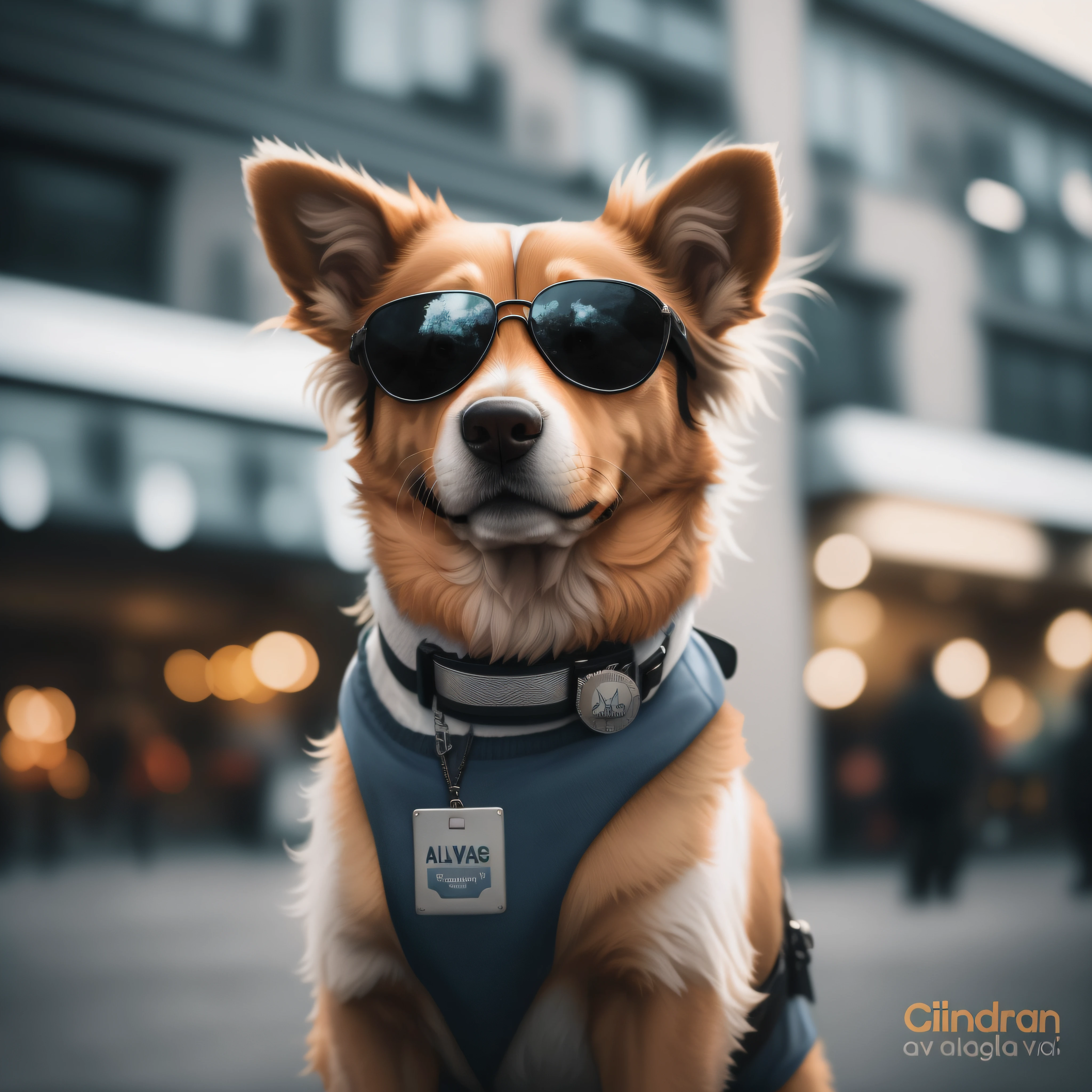 Alaf dog wearing sunglasses and a collar with a name tag, wearing shades, With sunglasses, Wearing cool sunglasses, author：Emma Andievska, Cute dog, Aviator, In the city, looking heckin cool and stylish, casually dressed, High degree of freedom, wears sunglasses, big sunglasses, governor, goggles around his neck, Wearing sunglasses, well - dressed
