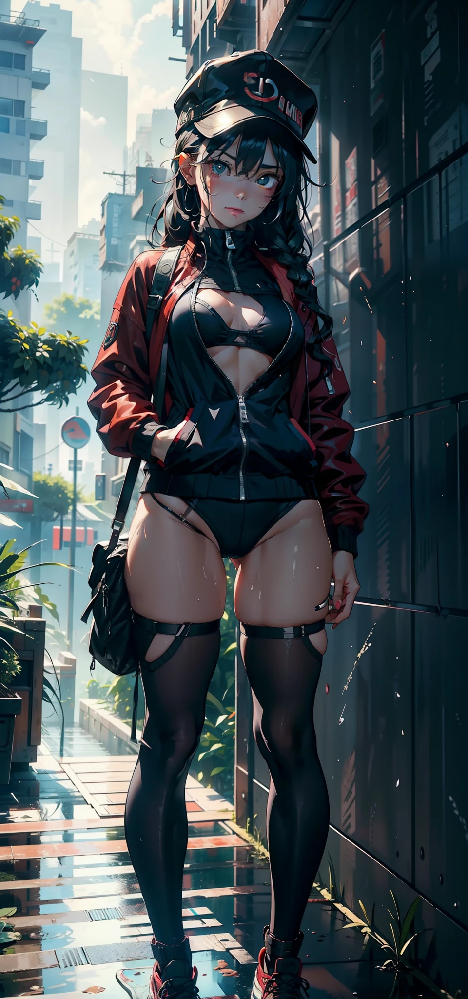 1female，9 years old，bit girl，super adorable，Tiny chest ，Pornographic exposure， 独奏，（Background with：hilltop，the rainforest，in summer，Standing water on the ground，exteriors） Feel free to hairstyle，Stride，Sweat profusely，drenched all over the body，seen from the front，Long black hair ， mostly cloudy sky，（（（tmasterpiece），（Very detailed CG unity 8K wallpaper），best qualtiy，cinmatic lighting，detailed back ground，beatiful detailed eyes，Bright pupils，（Very fine and beautiful），（Beautiful and detailed eye description），ultra - detailed，tmasterpiece，）），facing at camera，A high resolution，ultra - detailed）There is a robotic arm，cyber punk style，nakeness，with no underpants，revealing breasts，Bare genitalia， Bulge，Camel toes，Raised sexy，Lewd expression，Flushed complexion，Open-mouthed，frontage，elementary student（Wearing：Red baseball jacket，a white bikini，baseball cap，slippers）Full body photo，Show shoes