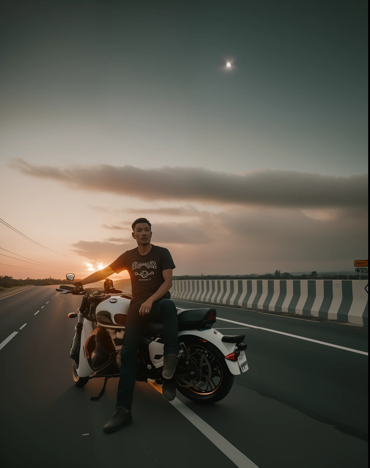 there is a man sitting on a motorcycle on the road, on a road, standing in road, riding on the road, taken with sony alpha 9, shot on canon eos r 5, shot on canon eos r5, without helmet, shot on sony a 7 iii, shot with sony alpha, shot with sigma f / 4. 2