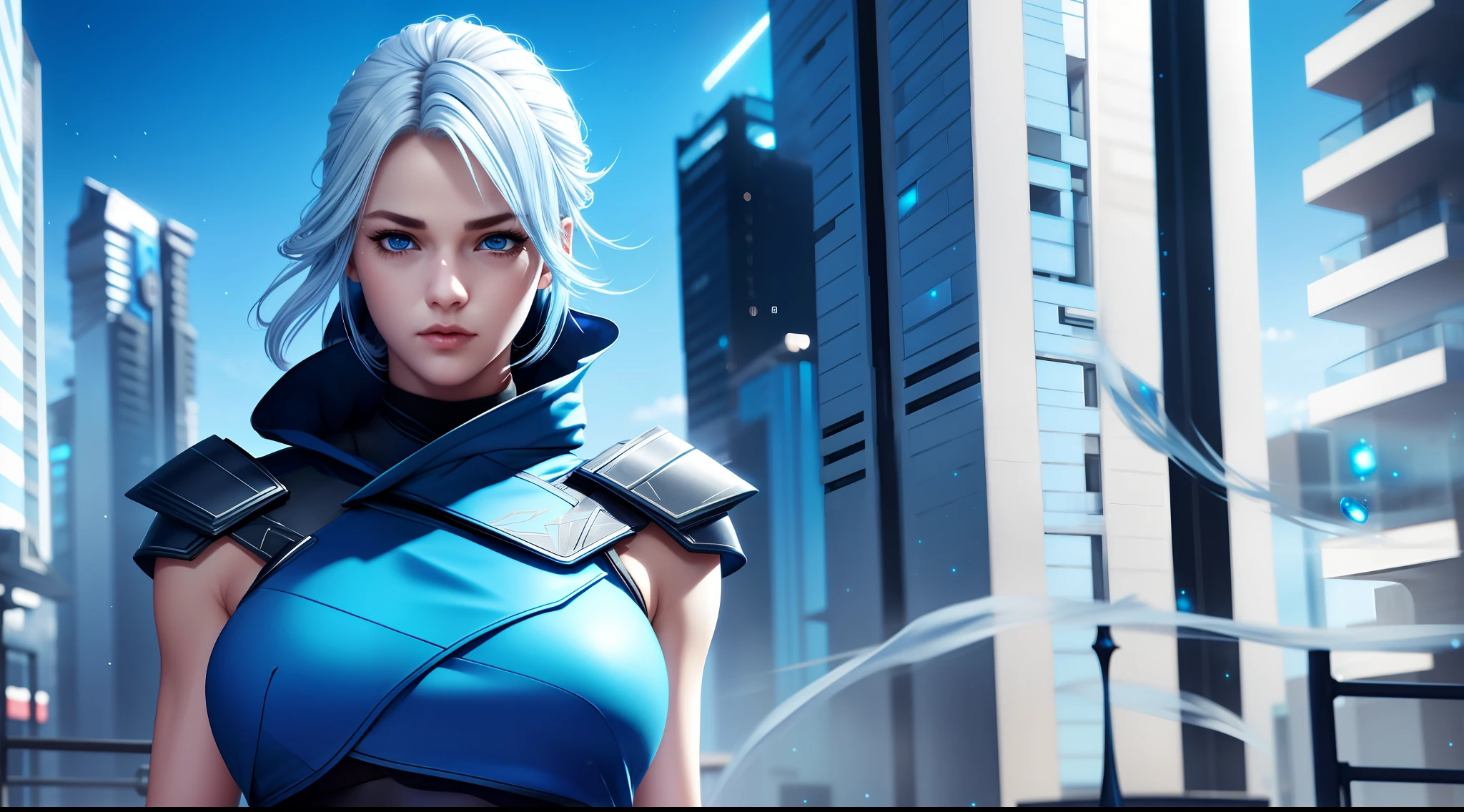 jett valorant, focused upper body, 1 girl, wearing blue ninja outfit, sparkling blue eyes, silver hair, highrise building background, nice perfect face with soft skin, intricate detail, 8k resolution, masterpiece, 8k resolution photorealistic masterpiece, professional photography, natural lighting, detailed texture,