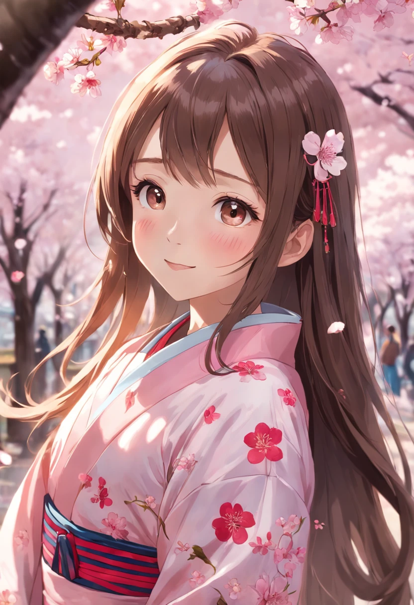 (Masterpiece, Daylight portrait:1.3), (Charming image of a 7-year-old girl in Japan under cherry blossoms:1.2), (Sony A6400 camera, Known for its fast autofocus and detail preservation:1.2), (Paired with Sony E 50mm f/1.8 OSS lenses,Captures clear and detailed portraits:1.2), (Long, Smooth brunette hair is layered smoothly, intricately details:1.1), (Fine hair sparkles in the light:1.1), (The symmetrical face is decorated with professional makeup:1.1), (A delicate figure dressed in a traditional Japanese kimono:1.1), (Shiny hair catches the sun,Rejuvenate:1.1), (A charming smile exudes real warmth:1.1), (The vibrant cherry blossoms outline the tranquil scene:1.1), (Peaceful park setting, Vibrant with spring colors:1.1), (The camera's sensors capture the meticulous intricacies of her facial features and dress:1.1), (The camera focuses on her smile, Capture its natural charm:1.1), (Instantly frozen in time, Embodies the beauty of youth and nature:1.1), (A harmonious blend of cultural elegance and joyful authenticity:1.1), (A portrait that captures true happiness under the cherry blossoms:1.1)