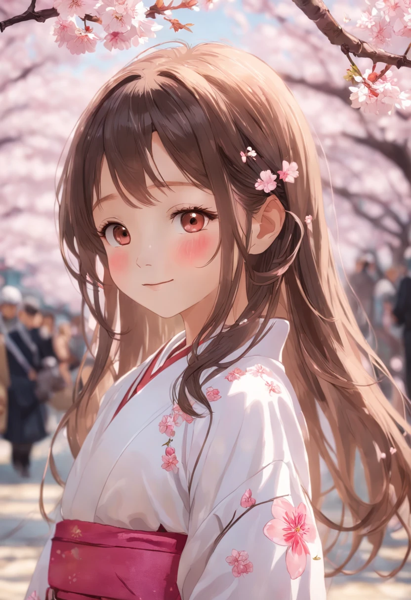 (Masterpiece, Daylight portrait:1.3), (Charming image of a 7-year-old girl in Japan under cherry blossoms:1.2), (Sony A6400 camera, Known for its fast autofocus and detail preservation:1.2), (Paired with Sony E 50mm f/1.8 OSS lenses,Captures clear and detailed portraits:1.2), (Long, Smooth brunette hair is layered smoothly, intricately details:1.1), (Fine hair sparkles in the light:1.1), (The symmetrical face is decorated with professional makeup:1.1), (A delicate figure dressed in a traditional Japanese kimono:1.1), (Shiny hair catches the sun,Rejuvenate:1.1), (A charming smile exudes real warmth:1.1), (The vibrant cherry blossoms outline the tranquil scene:1.1), (Peaceful park setting, Vibrant with spring colors:1.1), (The camera's sensors capture the meticulous intricacies of her facial features and dress:1.1), (The camera focuses on her smile, Capture its natural charm:1.1), (Instantly frozen in time, Embodies the beauty of youth and nature:1.1), (A harmonious blend of cultural elegance and joyful authenticity:1.1), (A portrait that captures true happiness under the cherry blossoms:1.1)