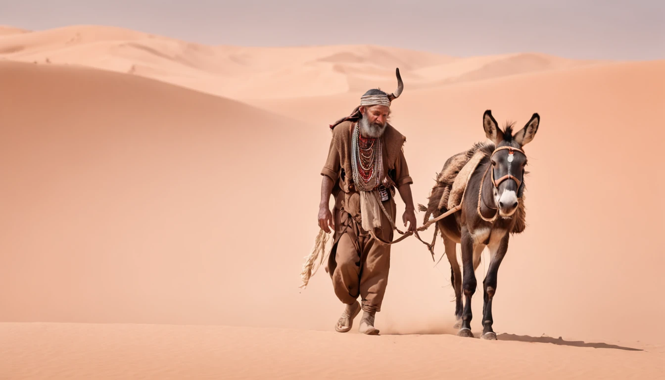 a man from the tribe of levi, a servant and two donkeys through the desert, panoramic image