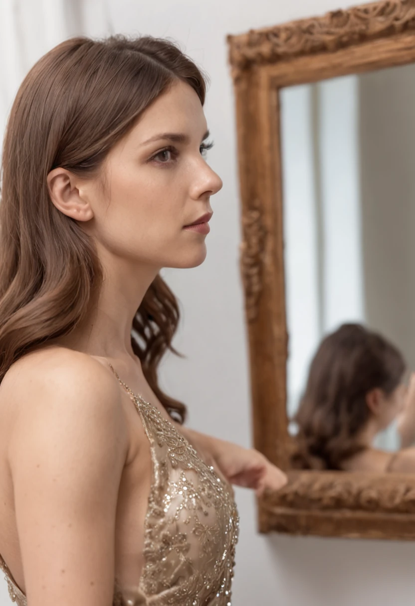 ( uma mulher nua observando um quadro na parede, There's a woman with brown hair looking at her reflection in a mirror with a dress, auto volume of penis in dress )