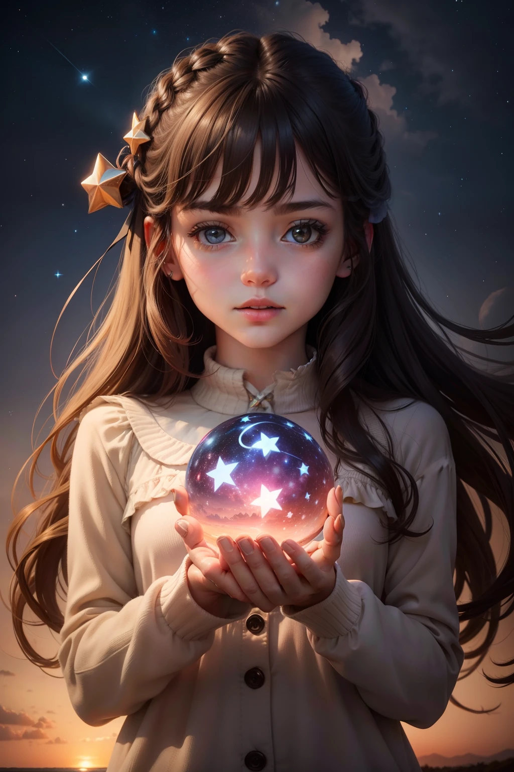 Girl's hands touching a star in the sky, 5 dedos